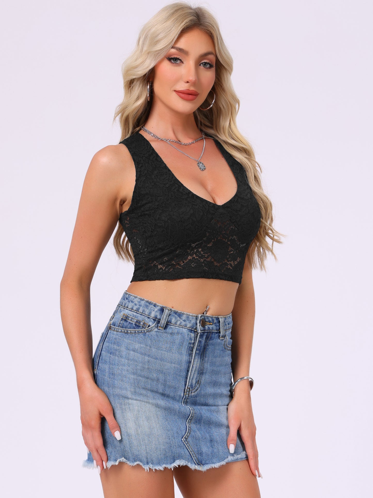 Women's Floral Lace Sleeveless Deep V Neck Sheer Cropped Cami Tank Top
