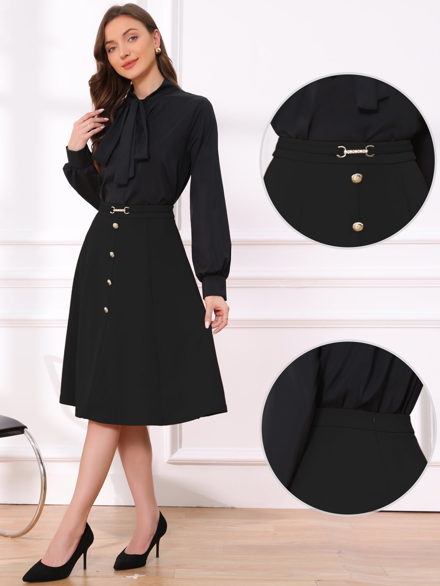 Women's Vintage High Waist Pleated A-Line Midi Flare Skirt
