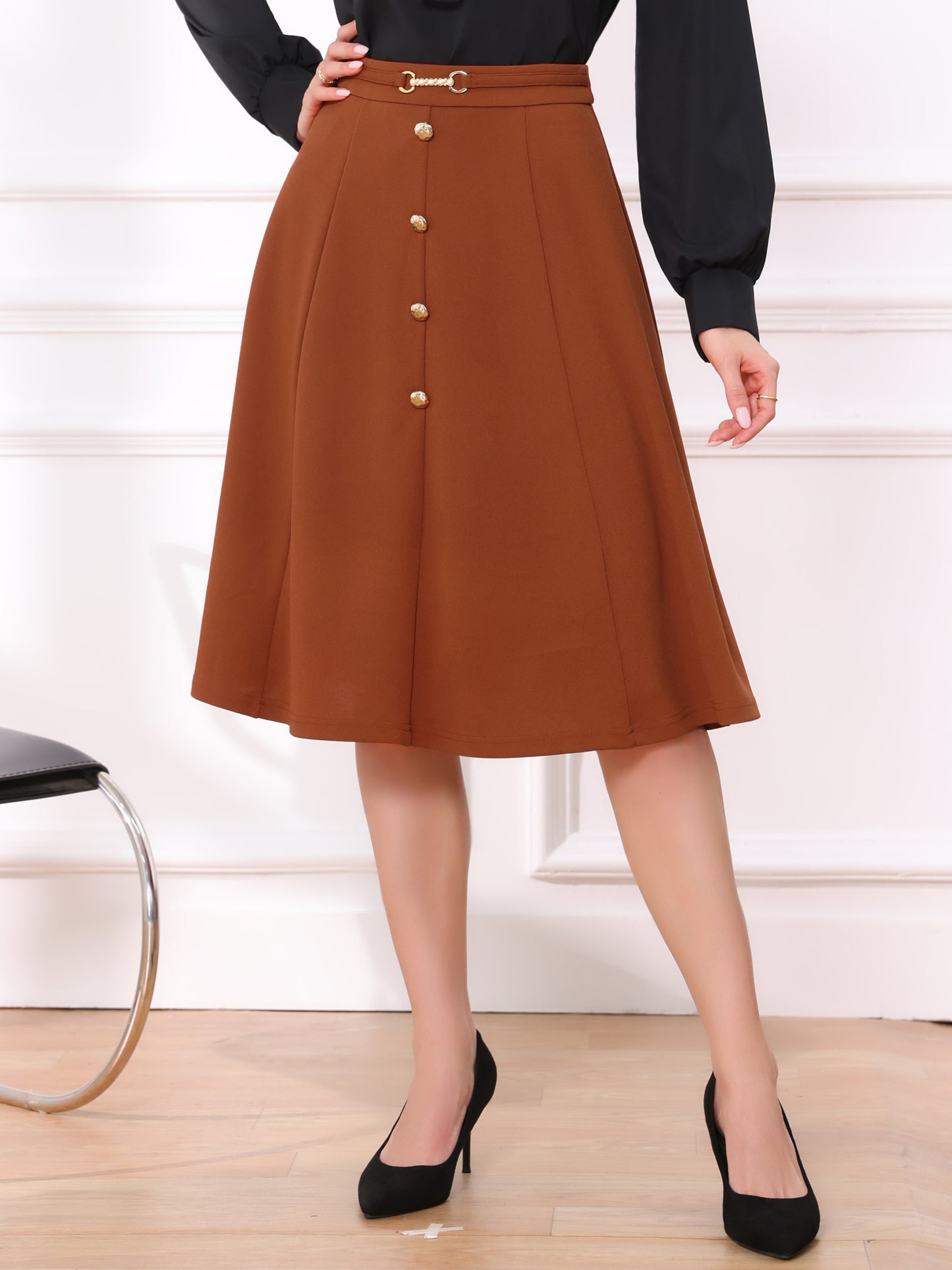 Falda midi plisada de cintura alta estilo vintage para mujer