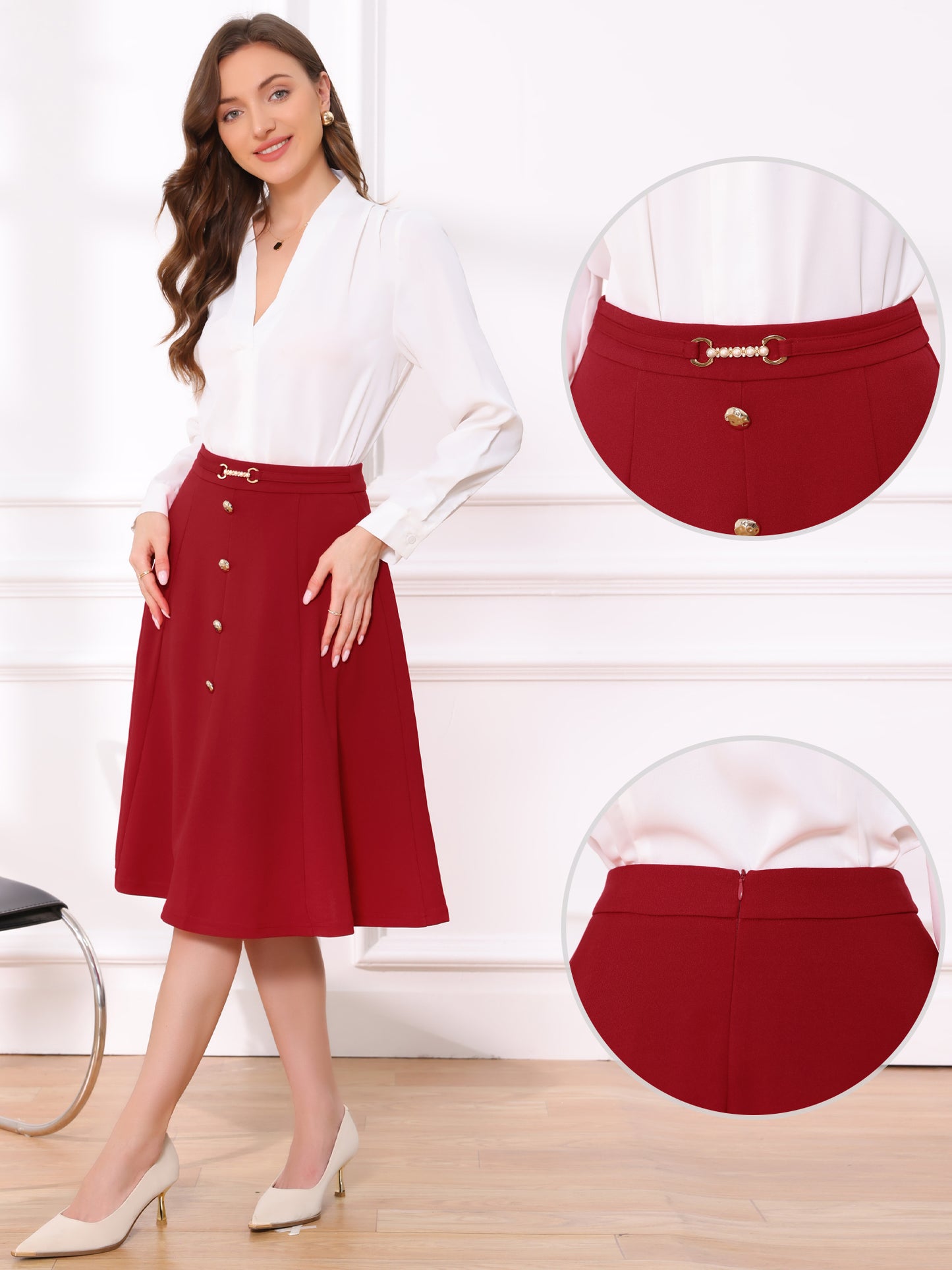 Women's Vintage High Waist Pleated A-Line Midi Flare Skirt