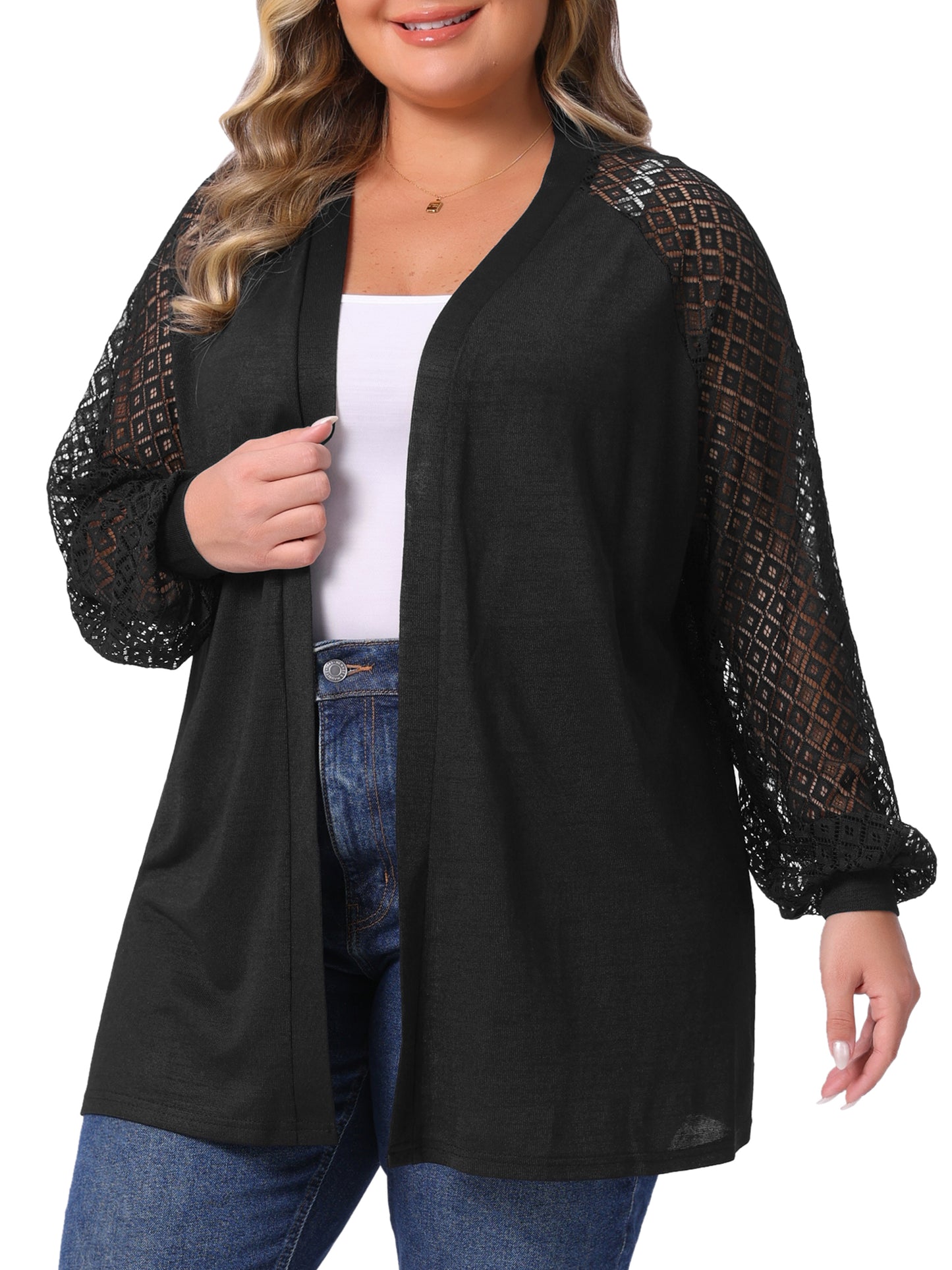 Women Plus Size Cardigans Open Front Lace Panel Long Sleeve Sheer Lightweight Knit Cover Up