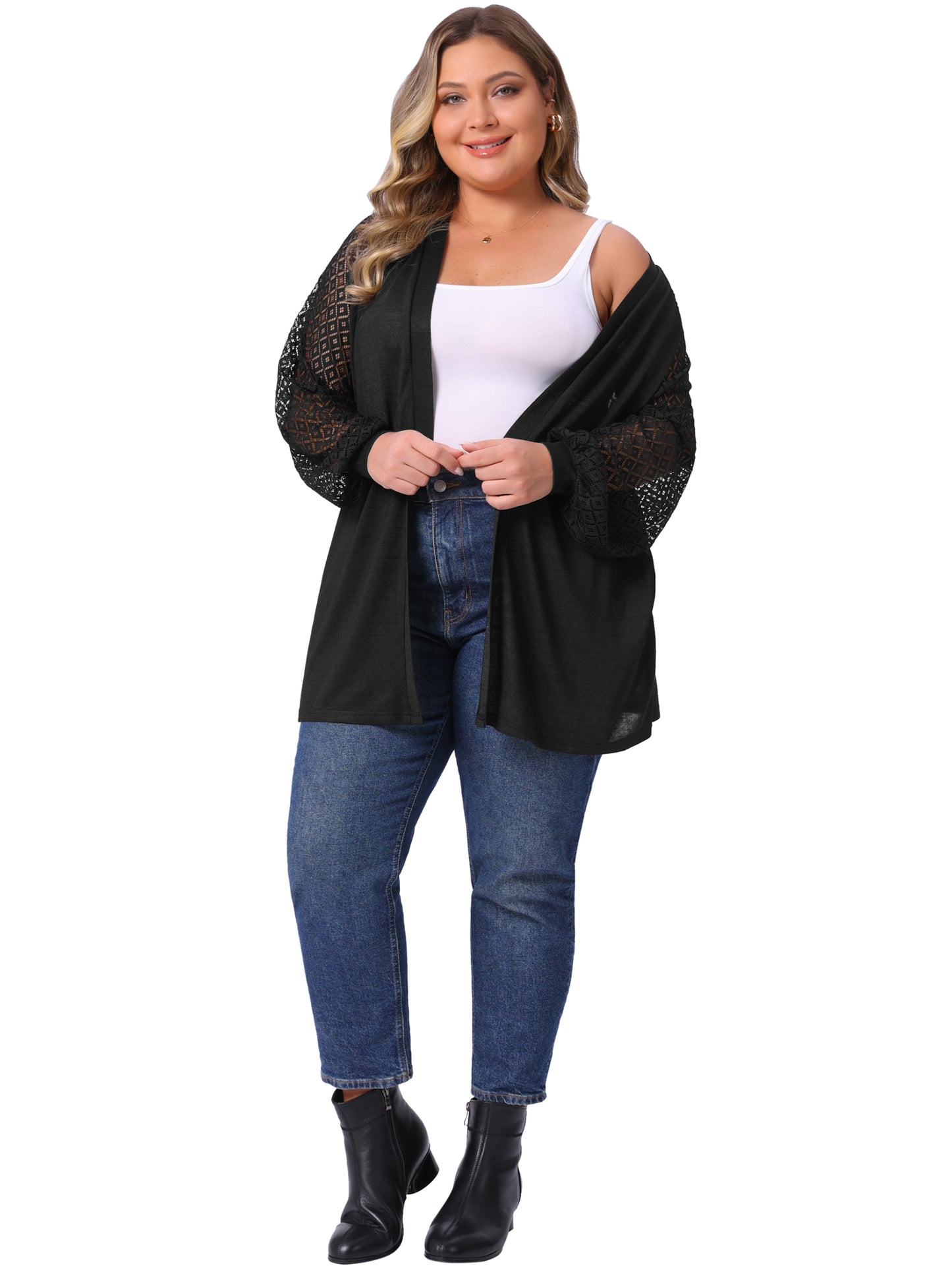Women Plus Size Cardigans Open Front Lace Panel Long Sleeve Sheer Lightweight Knit Cover Up