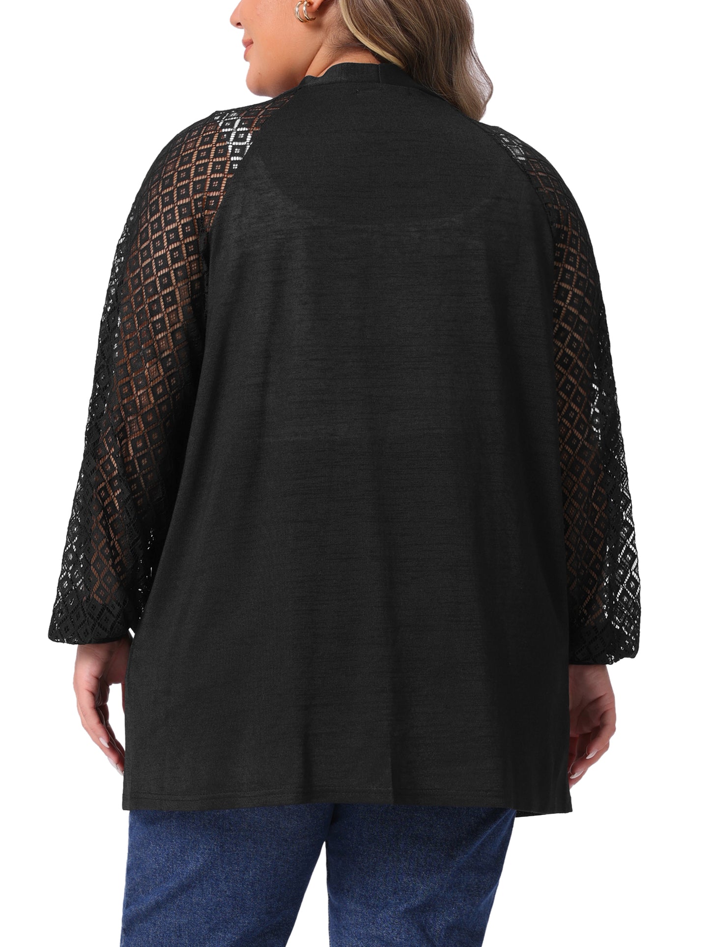 Women Plus Size Cardigans Open Front Lace Panel Long Sleeve Sheer Lightweight Knit Cover Up