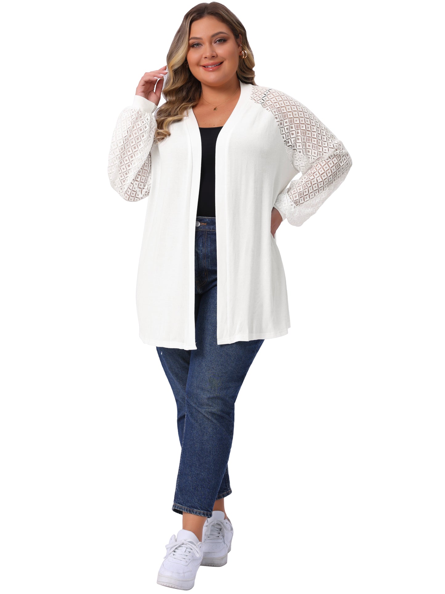Women Plus Size Cardigans Open Front Lace Panel Long Sleeve Sheer Lightweight Knit Cover Up