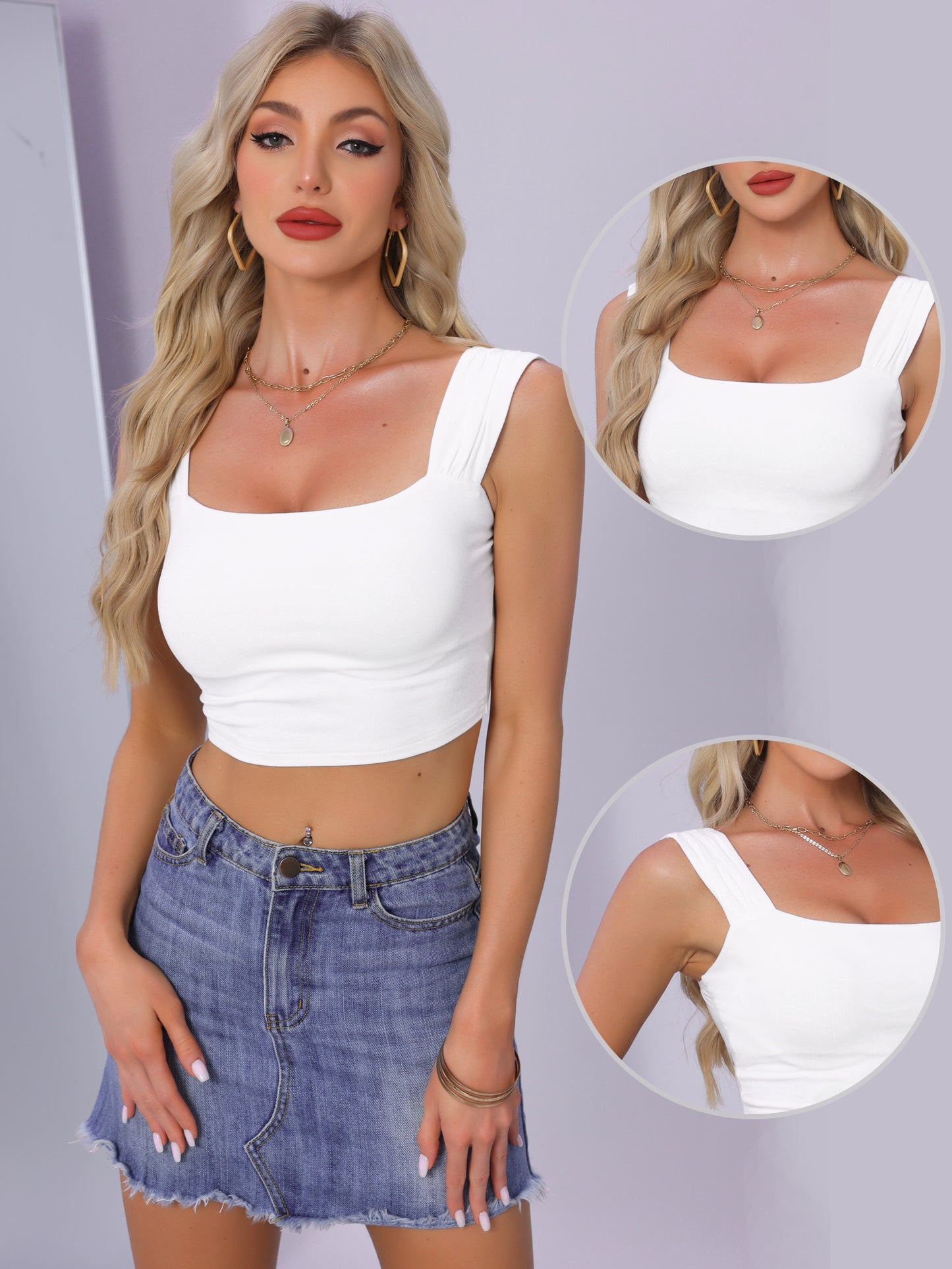 Women Strappy Tank Top Sleeveless Square Neck Fitted Night Out Party Crop Top