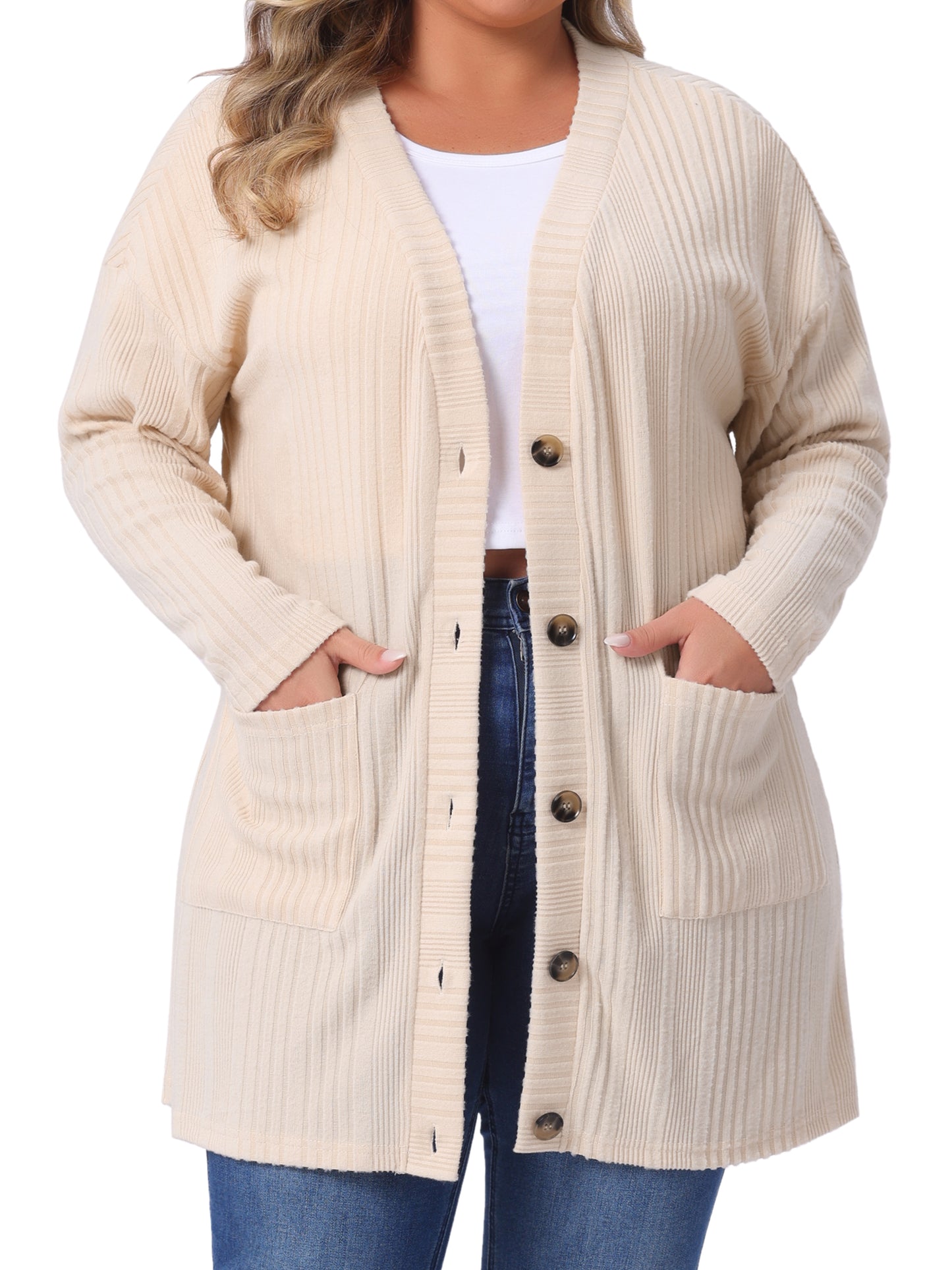 Women Plus Size Cardigans Button V Neck Long Sleeve Lightweight Knit Cardigan with Pockets