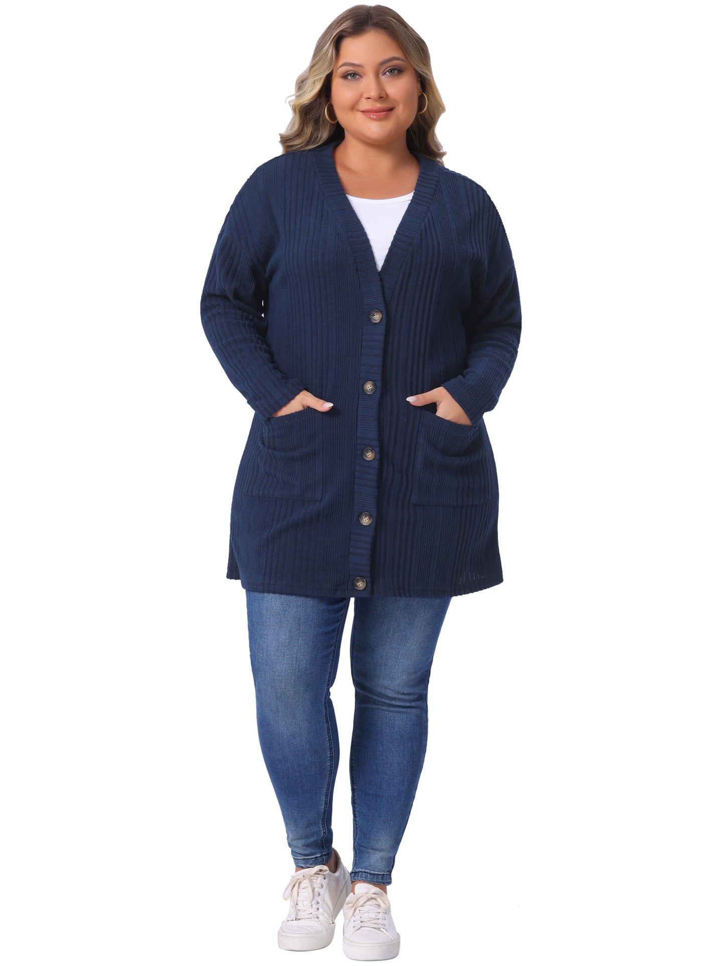Women Plus Size Cardigans Button V Neck Long Sleeve Lightweight Knit Cardigan with Pockets