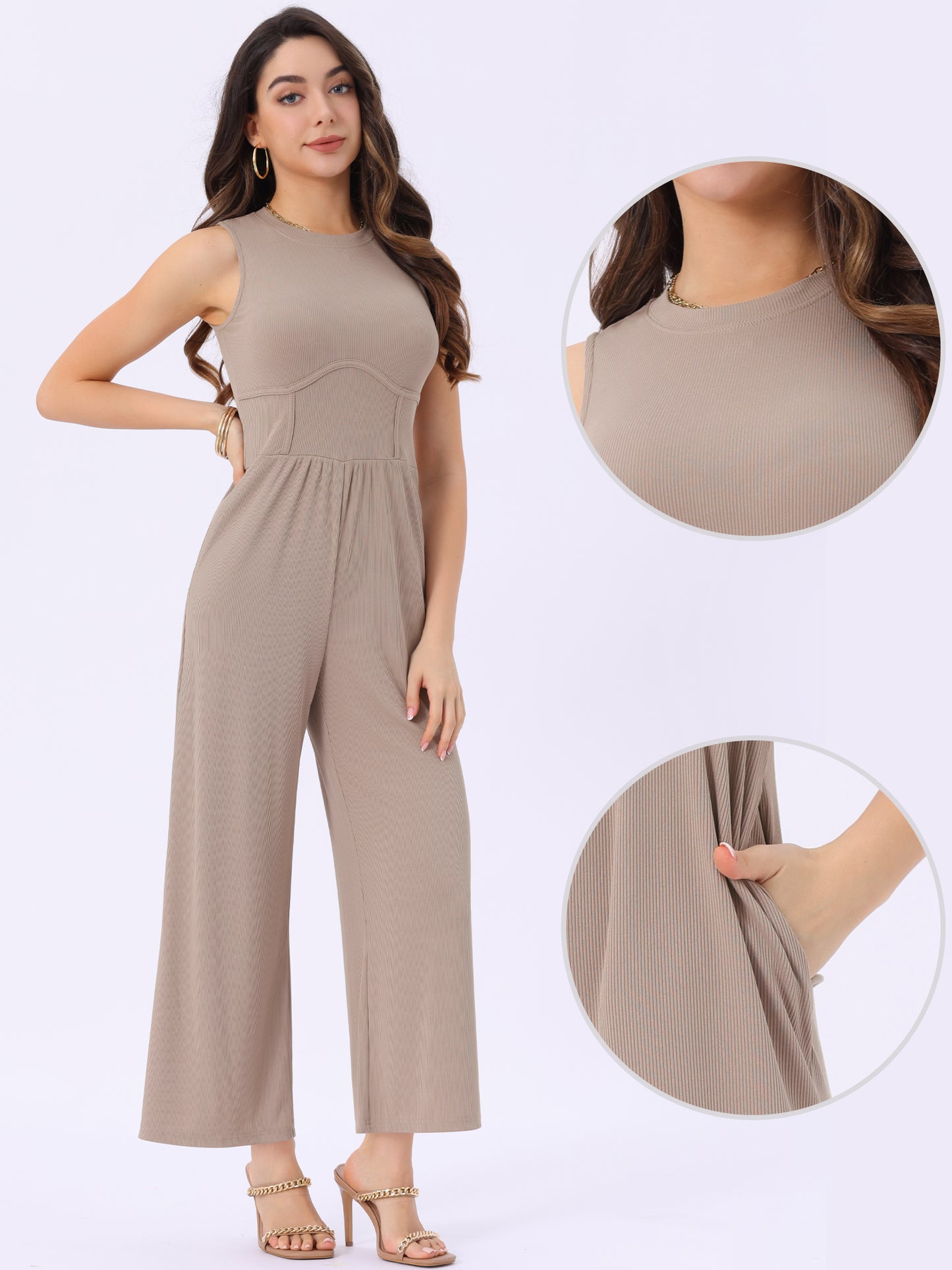 Women's Summer Jumpsuit Dressy Casual Outfits Sleeveless Crewneck Wide Leg Pants