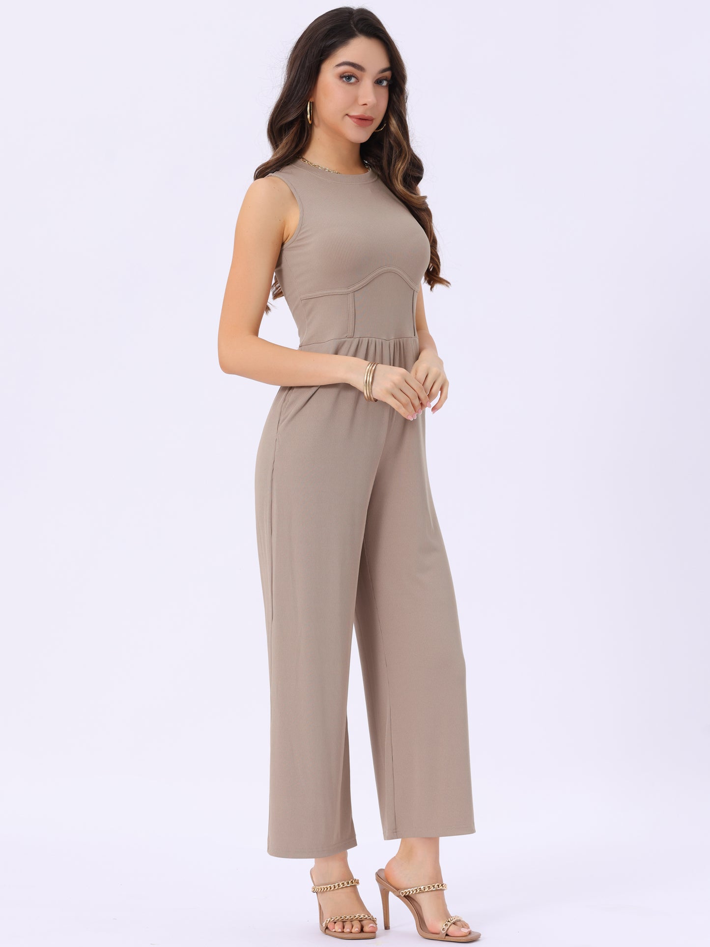 Women's Summer Jumpsuit Dressy Casual Outfits Sleeveless Crewneck Wide Leg Pants