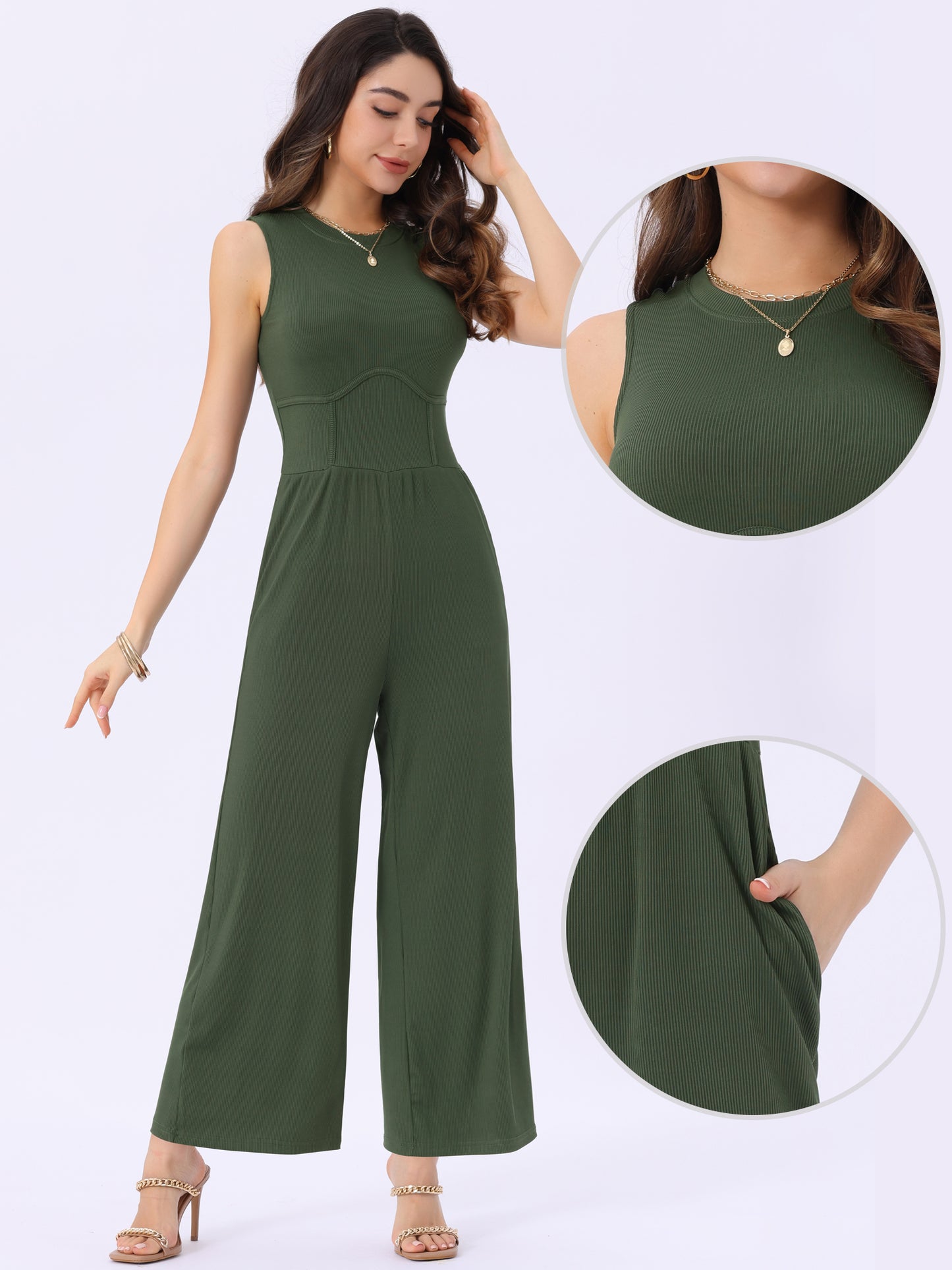 Women's Summer Jumpsuit Dressy Casual Outfits Sleeveless Crewneck Wide Leg Pants