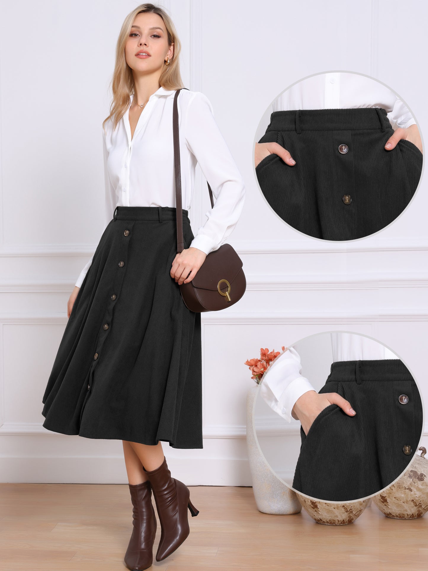 Women's Button Front A-line Midi High Waist Corduroy Skirt with Pockets Fall Winter