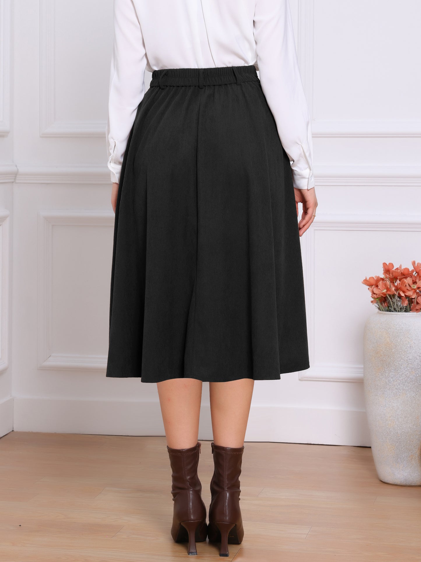 Women's Button Front A-line Midi High Waist Corduroy Skirt with Pockets Fall Winter