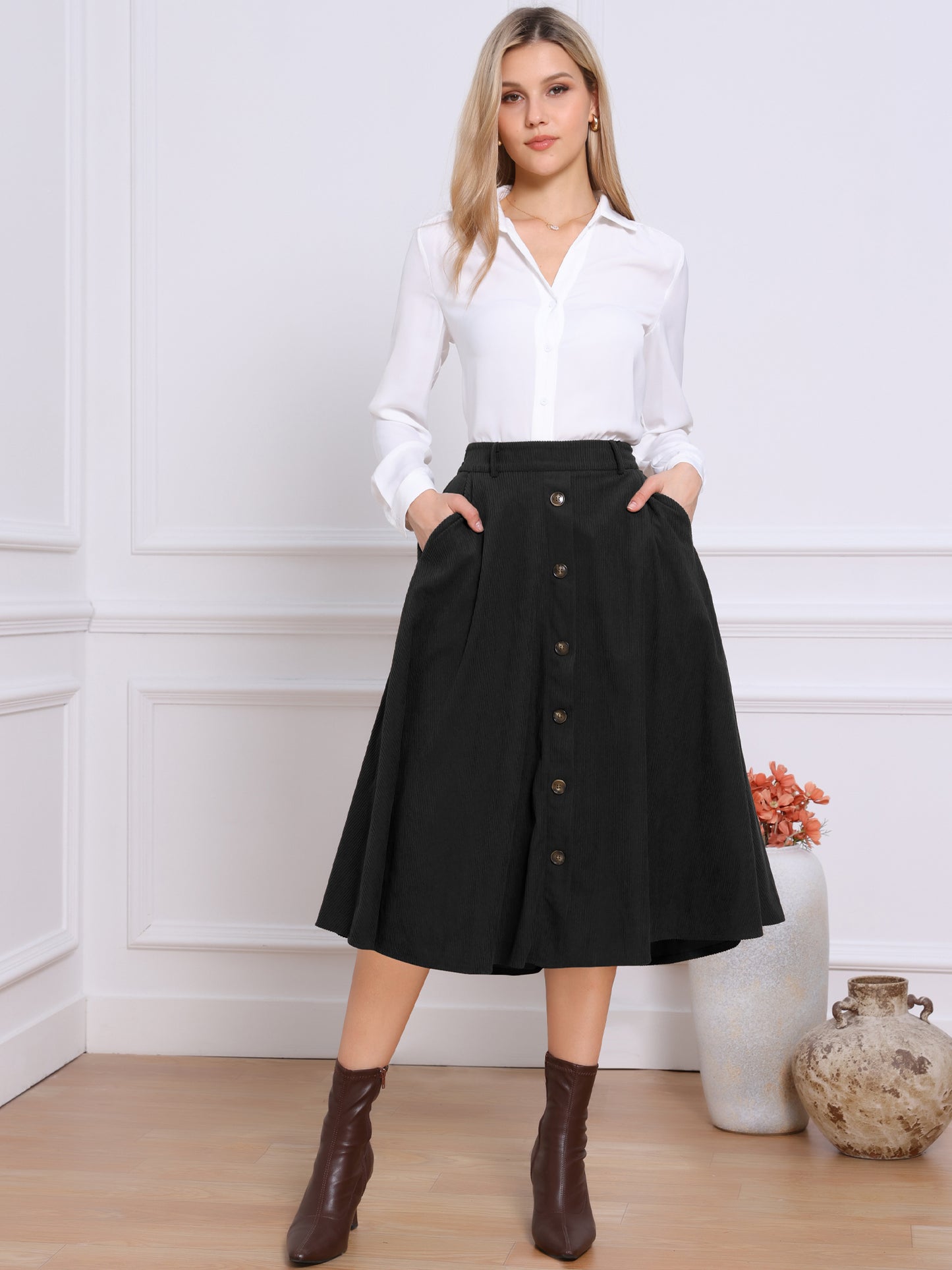 Women's Button Front A-line Midi High Waist Corduroy Skirt with Pockets Fall Winter