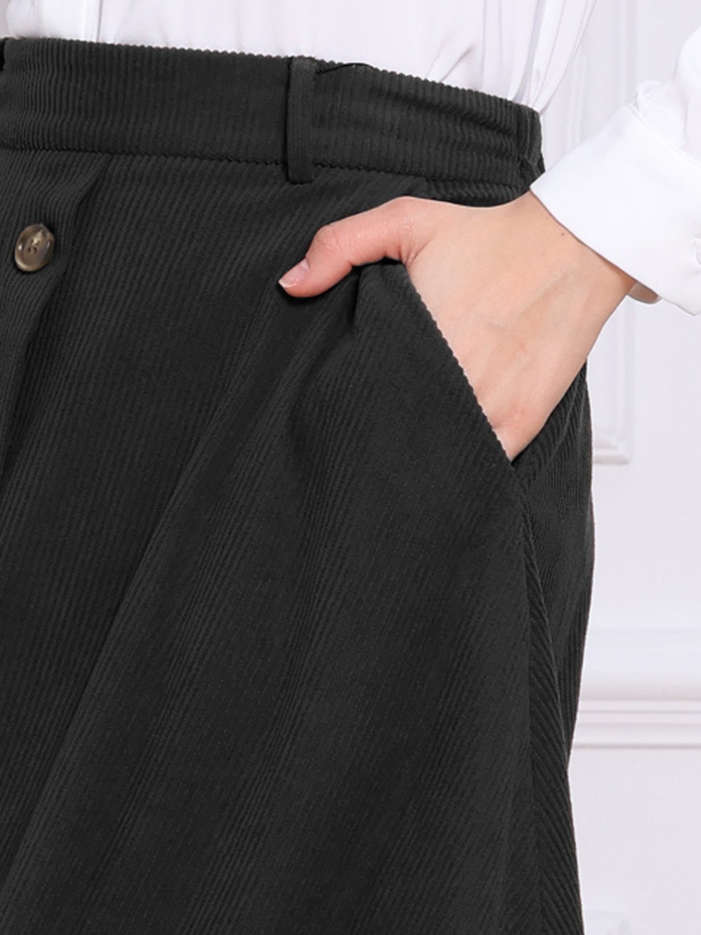 Women's Button Front A-line Midi High Waist Corduroy Skirt with Pockets Fall Winter