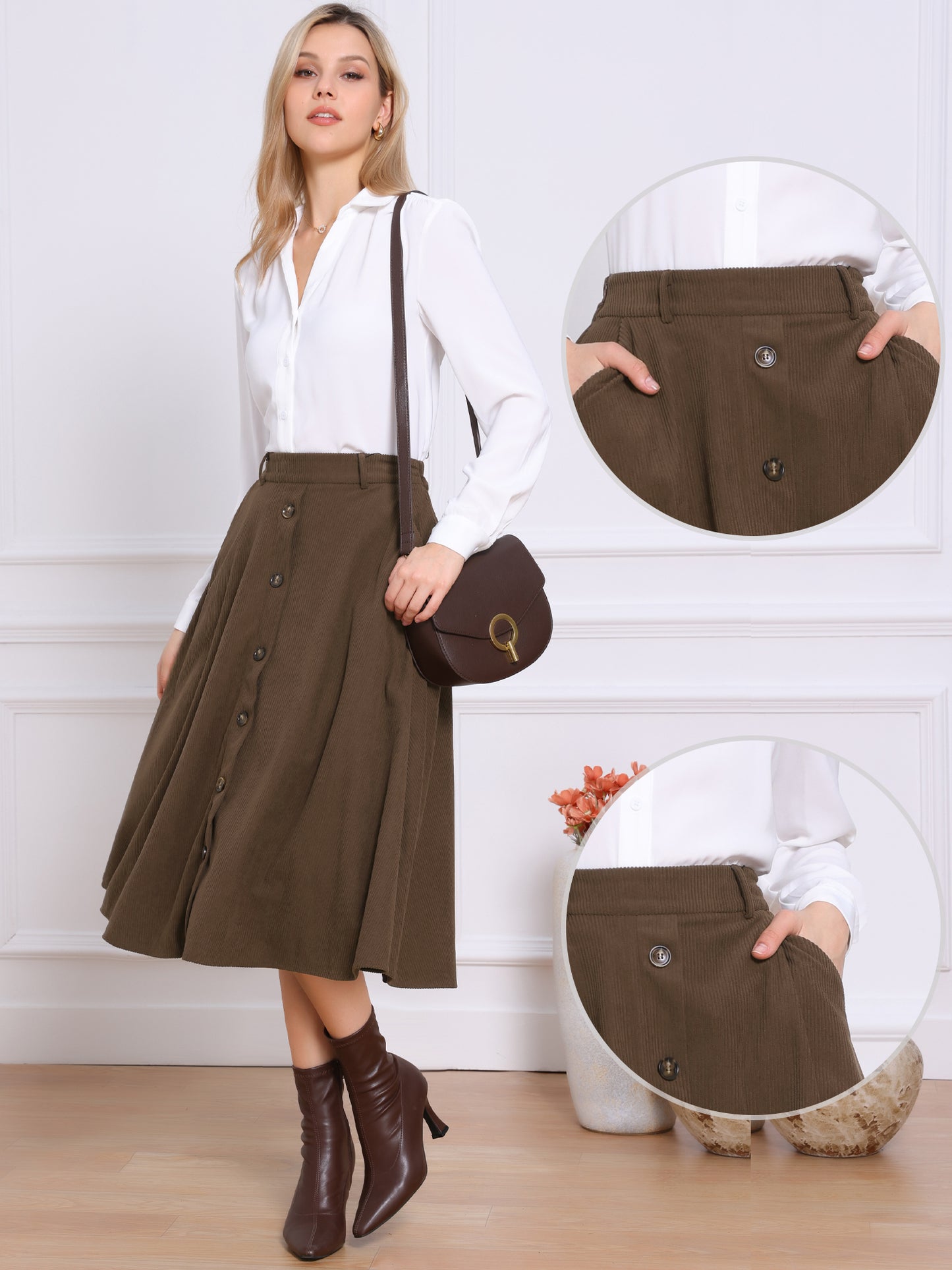 Women's Button Front A-line Midi High Waist Corduroy Skirt with Pockets Fall Winter