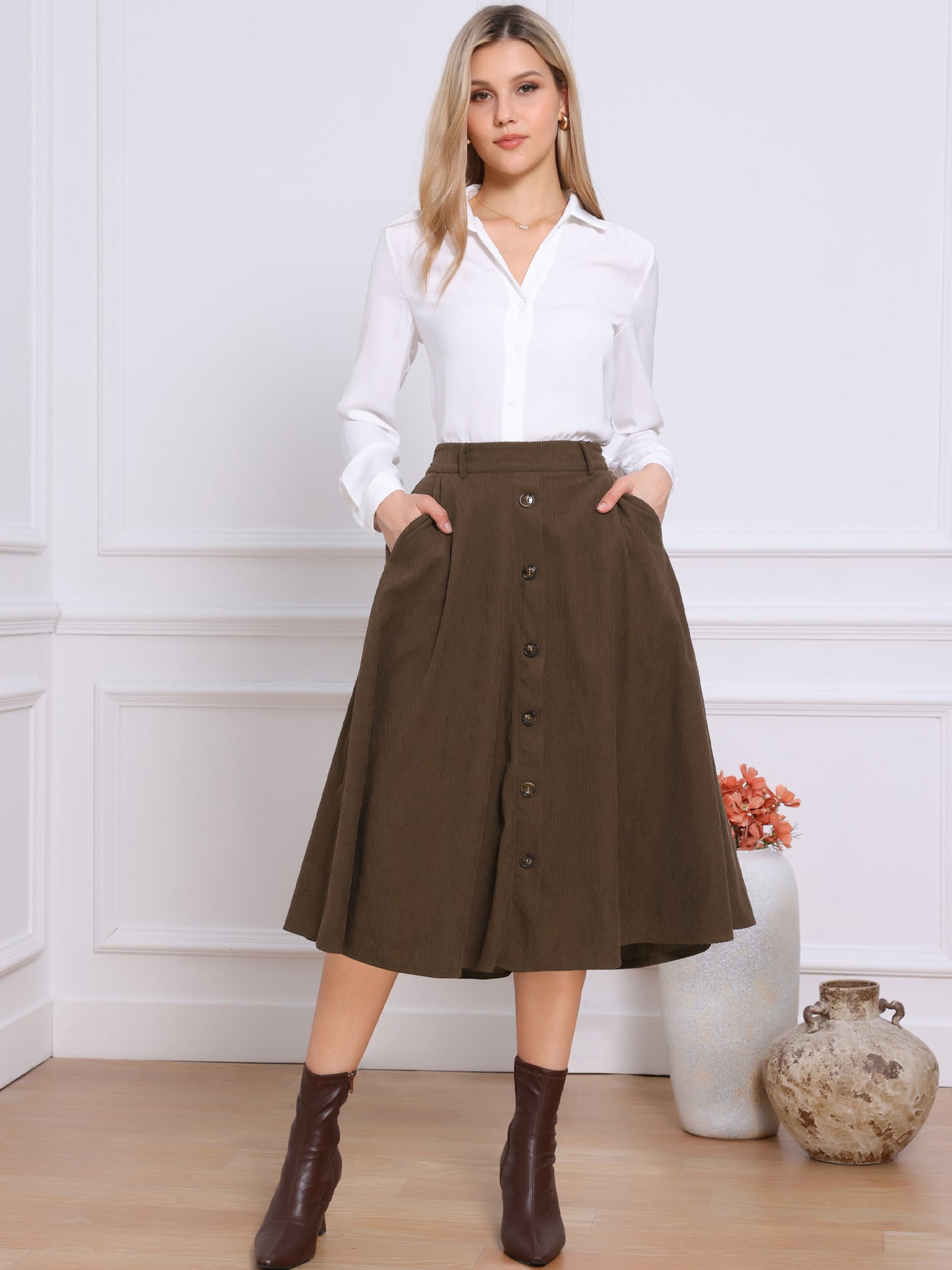 Women's Button Front A-line Midi High Waist Corduroy Skirt with Pockets Fall Winter