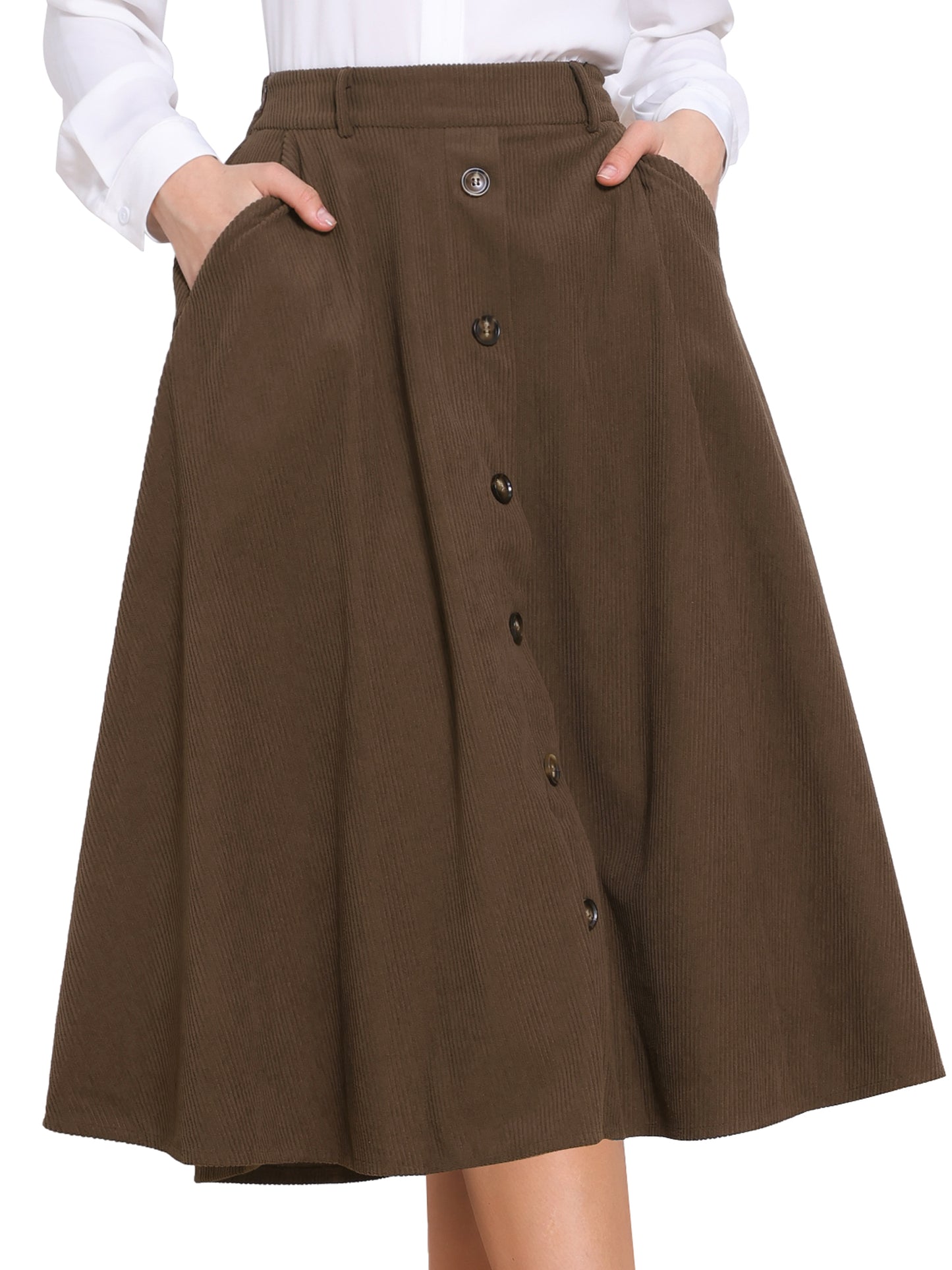Women's Button Front A-line Midi High Waist Corduroy Skirt with Pockets Fall Winter