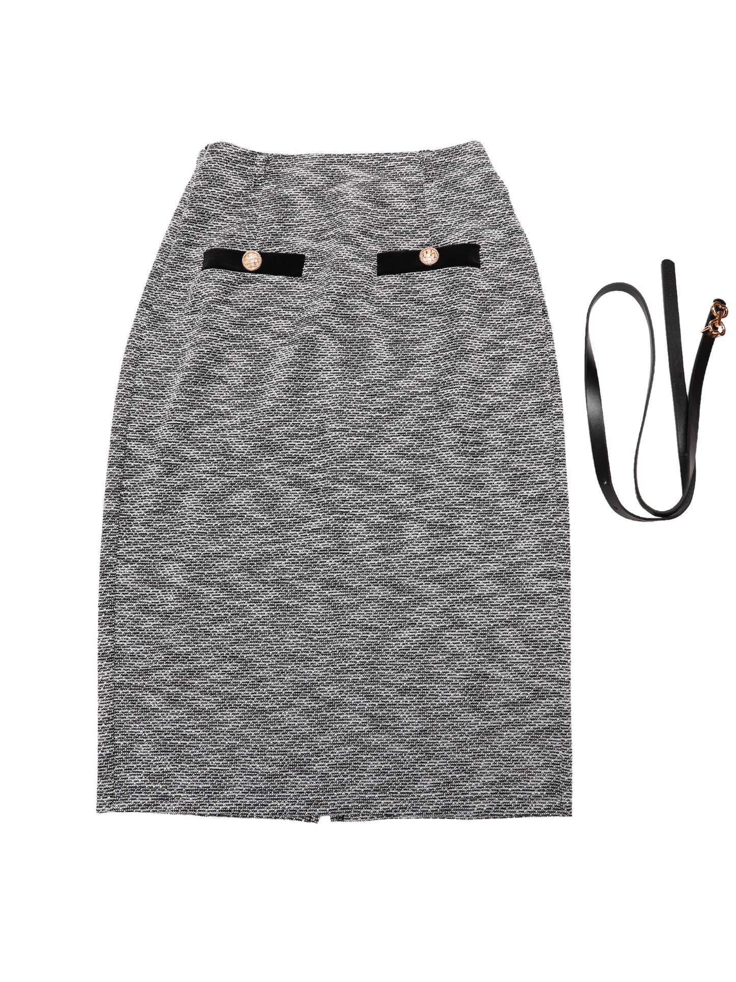 Women High Waisted Button Decor Bodycon Tweed Pencil Midi Skirt with Belt