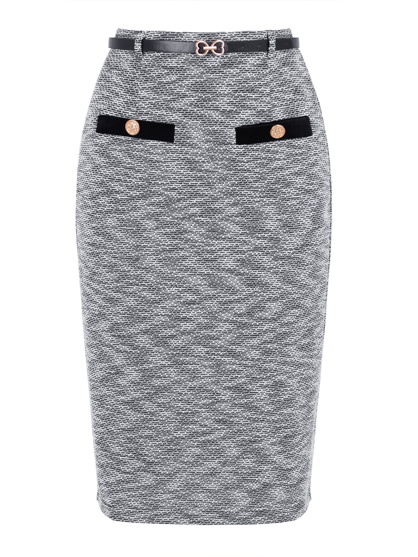 Women High Waisted Button Decor Bodycon Tweed Pencil Midi Skirt with Belt