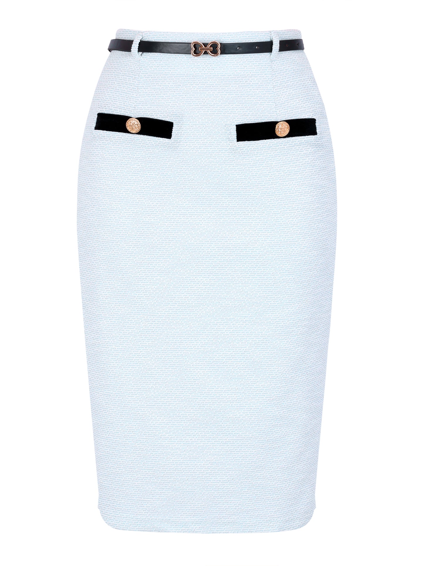 Women High Waisted Button Decor Bodycon Tweed Pencil Midi Skirt with Belt