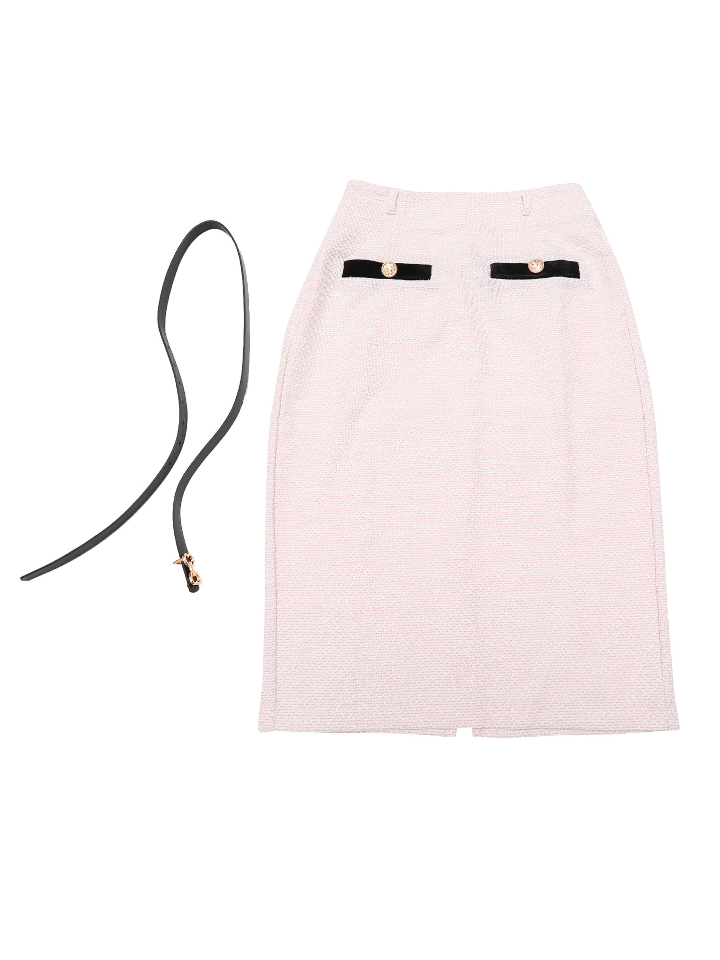 Women High Waisted Button Decor Bodycon Tweed Pencil Midi Skirt with Belt