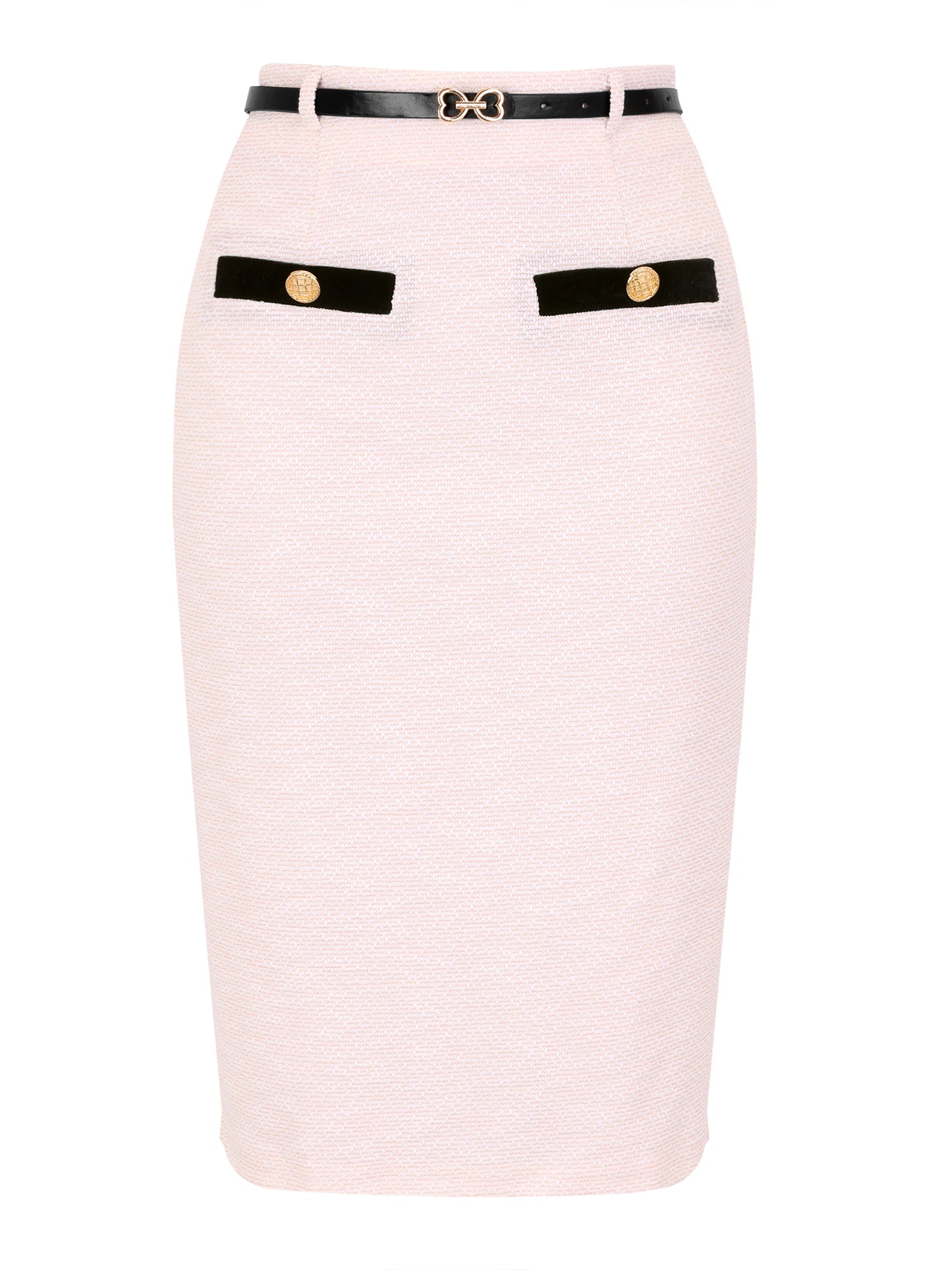 Women High Waisted Button Decor Bodycon Tweed Pencil Midi Skirt with Belt