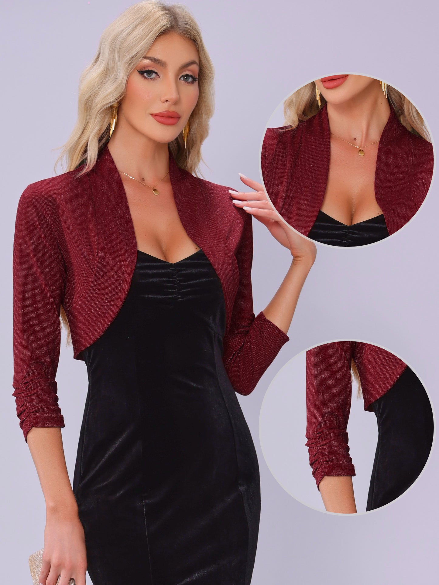 Women Open Front Party Cropped Bolero Cardigan Ruched 3/4 Sleeve Shrug