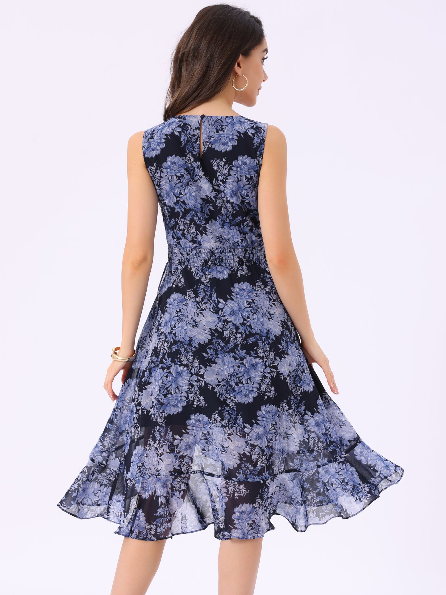 Women's Summer Dresses Wrap Ruffle High Low Hem Round Neck Keyhole Back Sleeveless Floral Dress