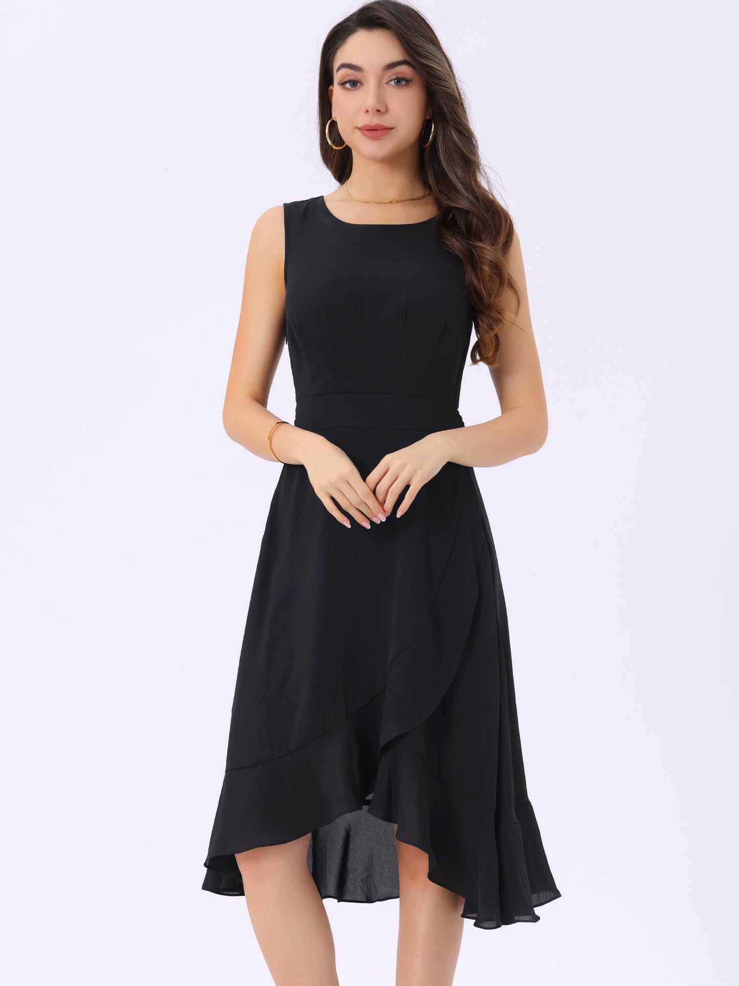 Women's Summer Dresses Wrap Ruffle High Low Hem Round Neck Keyhole Back Sleeveless Floral Dress