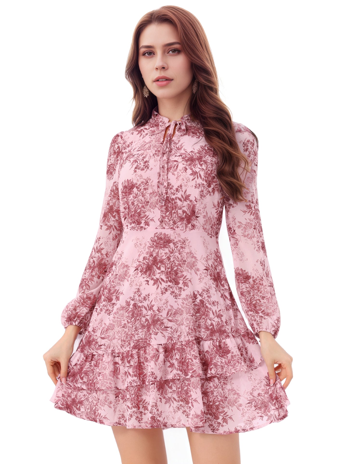Women's Summer Dresses Floral Tie V Neck Semi Sheer Long Sleeve Layered Tiered Chiffon Mini Dress