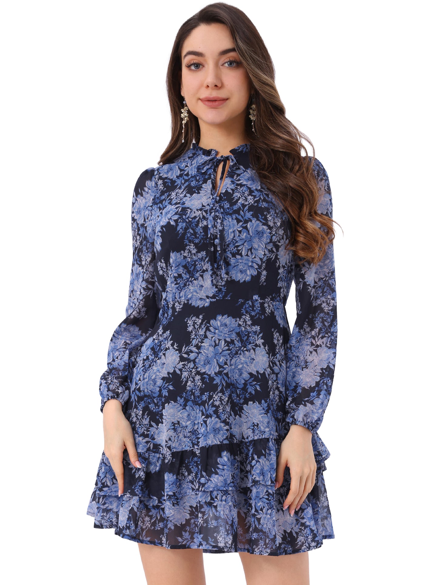 Women's Summer Dresses Floral Tie V Neck Semi Sheer Long Sleeve Layered Tiered Chiffon Mini Dress