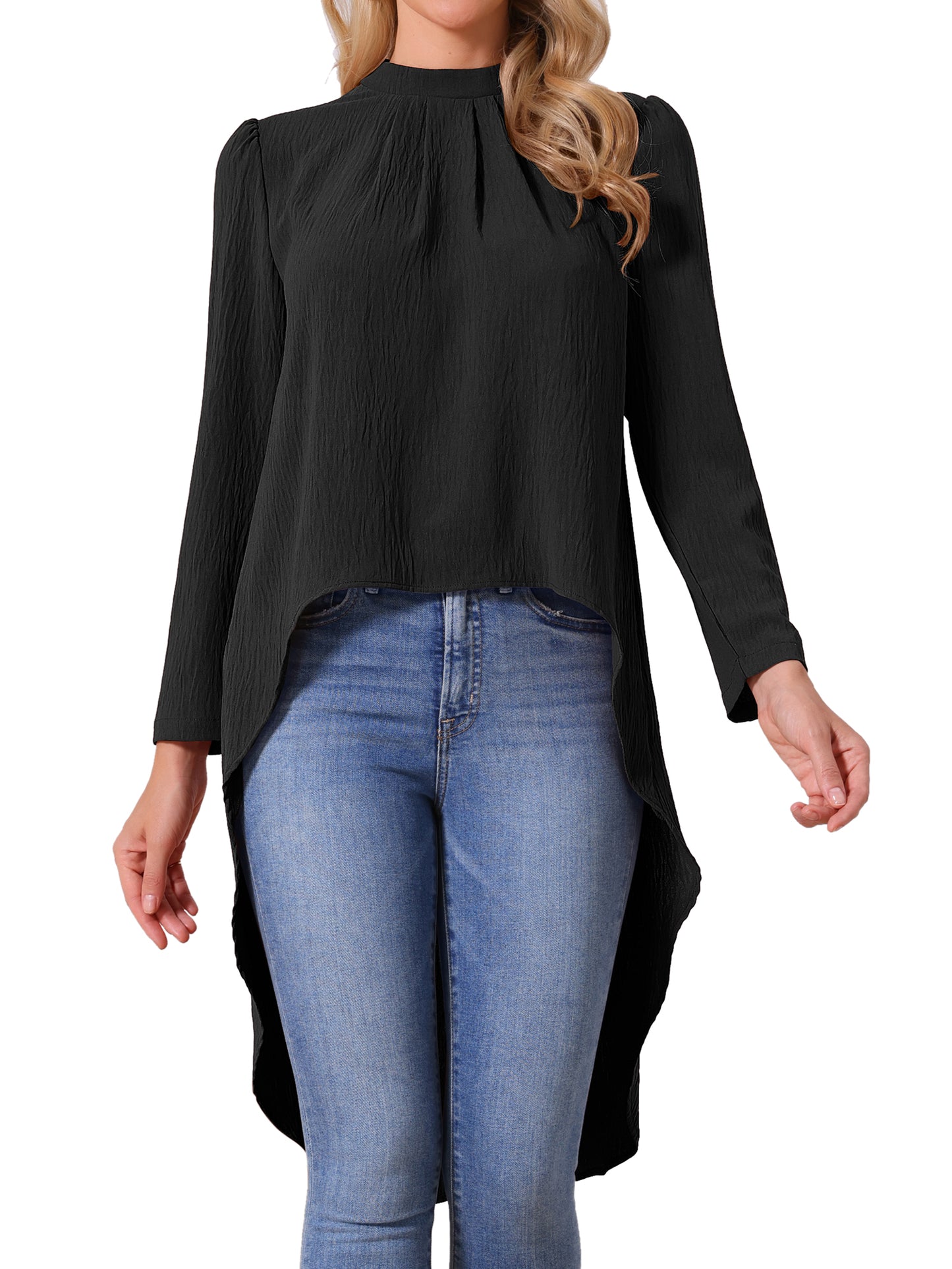 Women's High Low Tops Long Sleeve Back Keyhole Round Neck Asymmetrical Hem Tops Dressy Casual Blouse