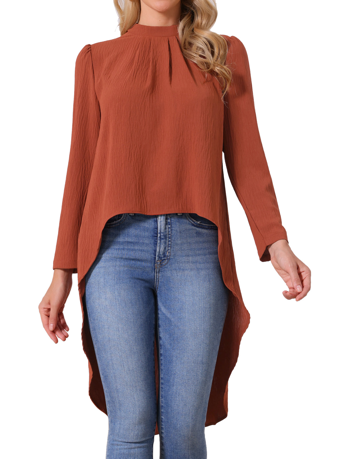 Women's High Low Long Sleeve Back Keyhole Round Neck Asymmetrical Hem Top Dressy Casual Blouse