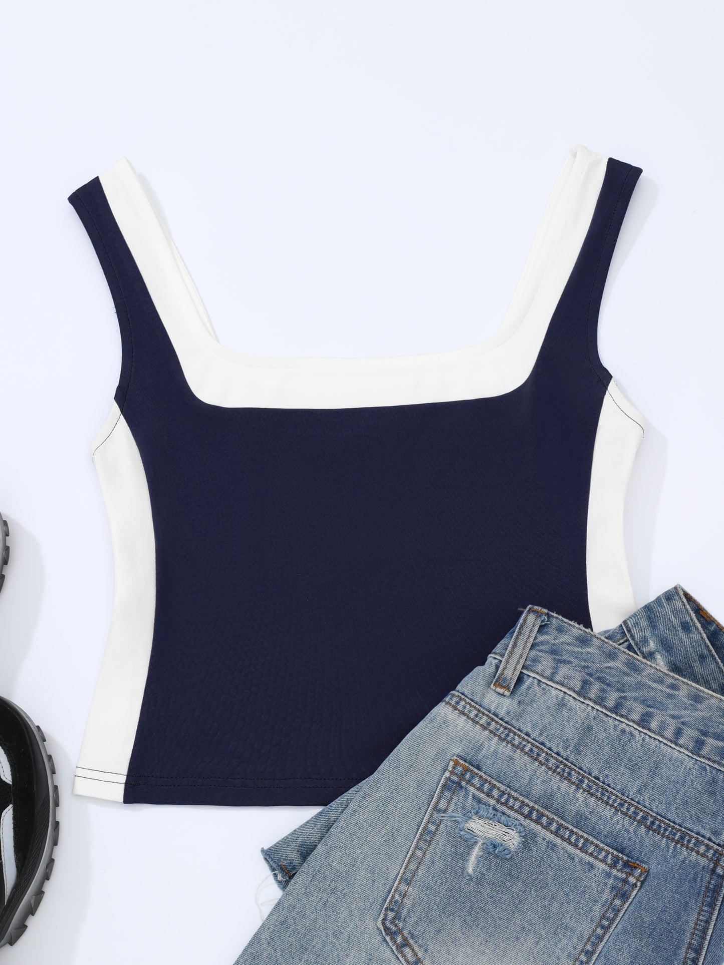 Women's Color Block Square Neck Tank Top Strappy Sleeveless Summer Crop Top