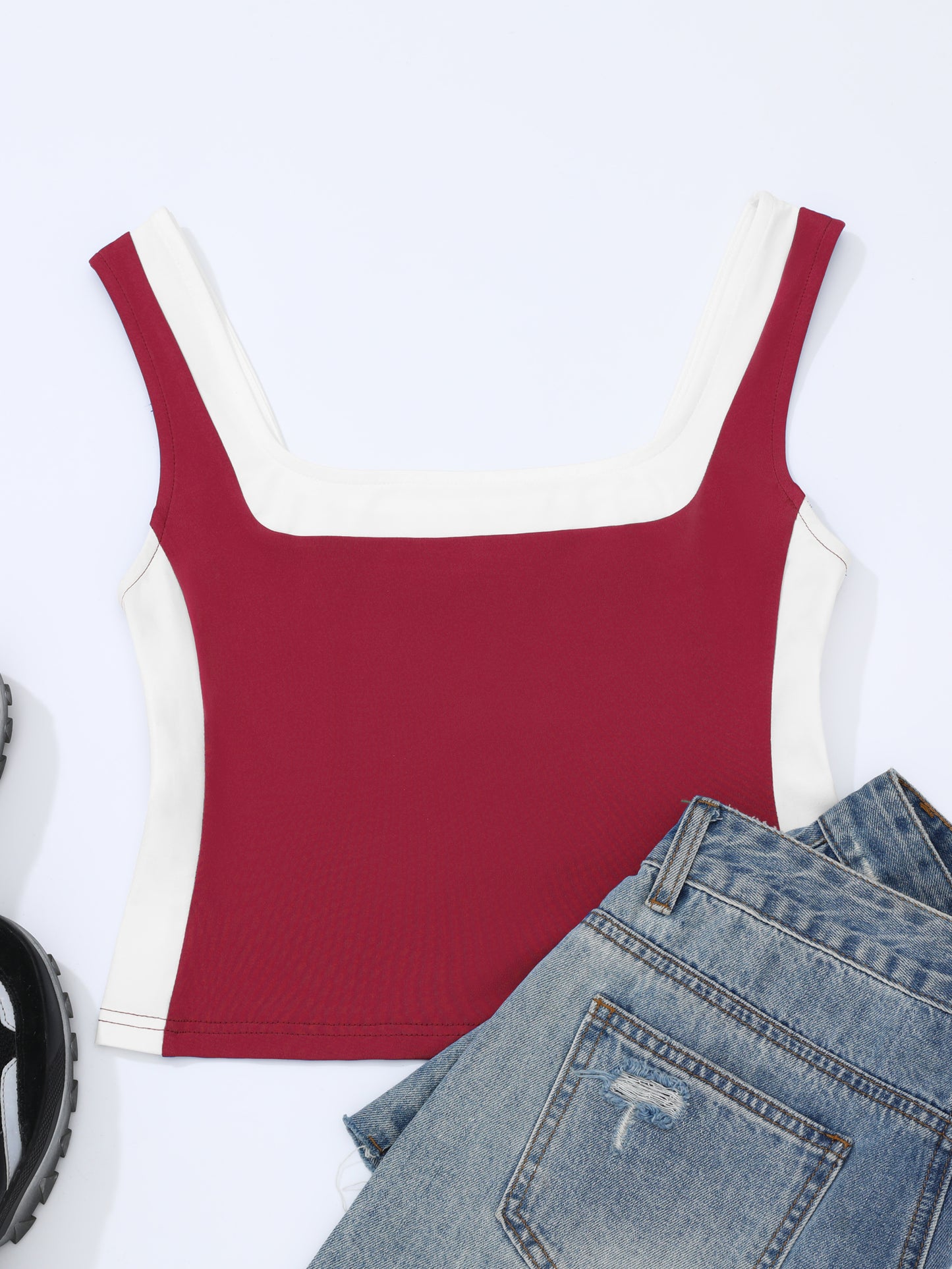 Women's Color Block Square Neck Tank Top Strappy Sleeveless Summer Crop Top