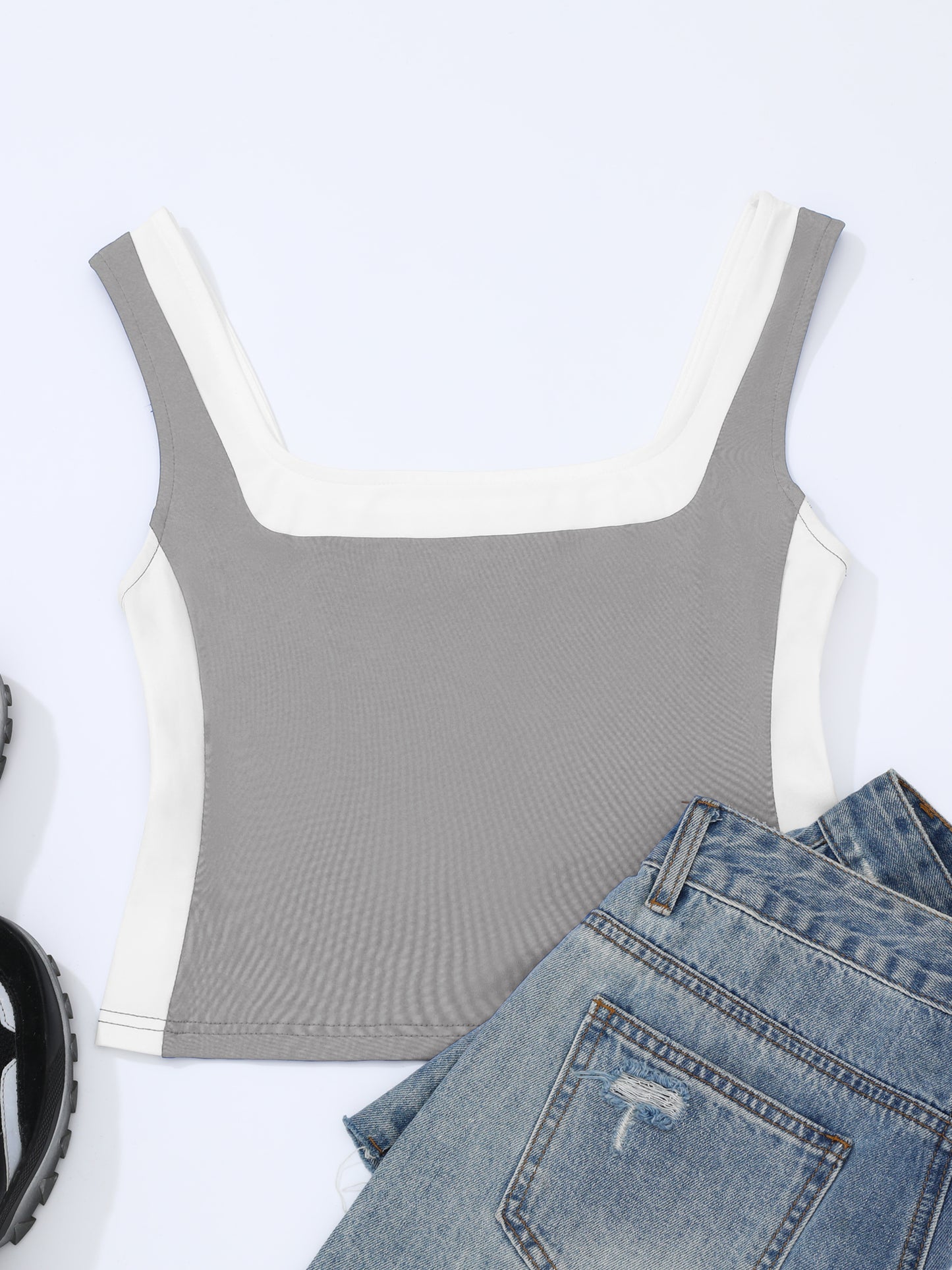 Women's Color Block Square Neck Tank Top Strappy Sleeveless Summer Crop Top
