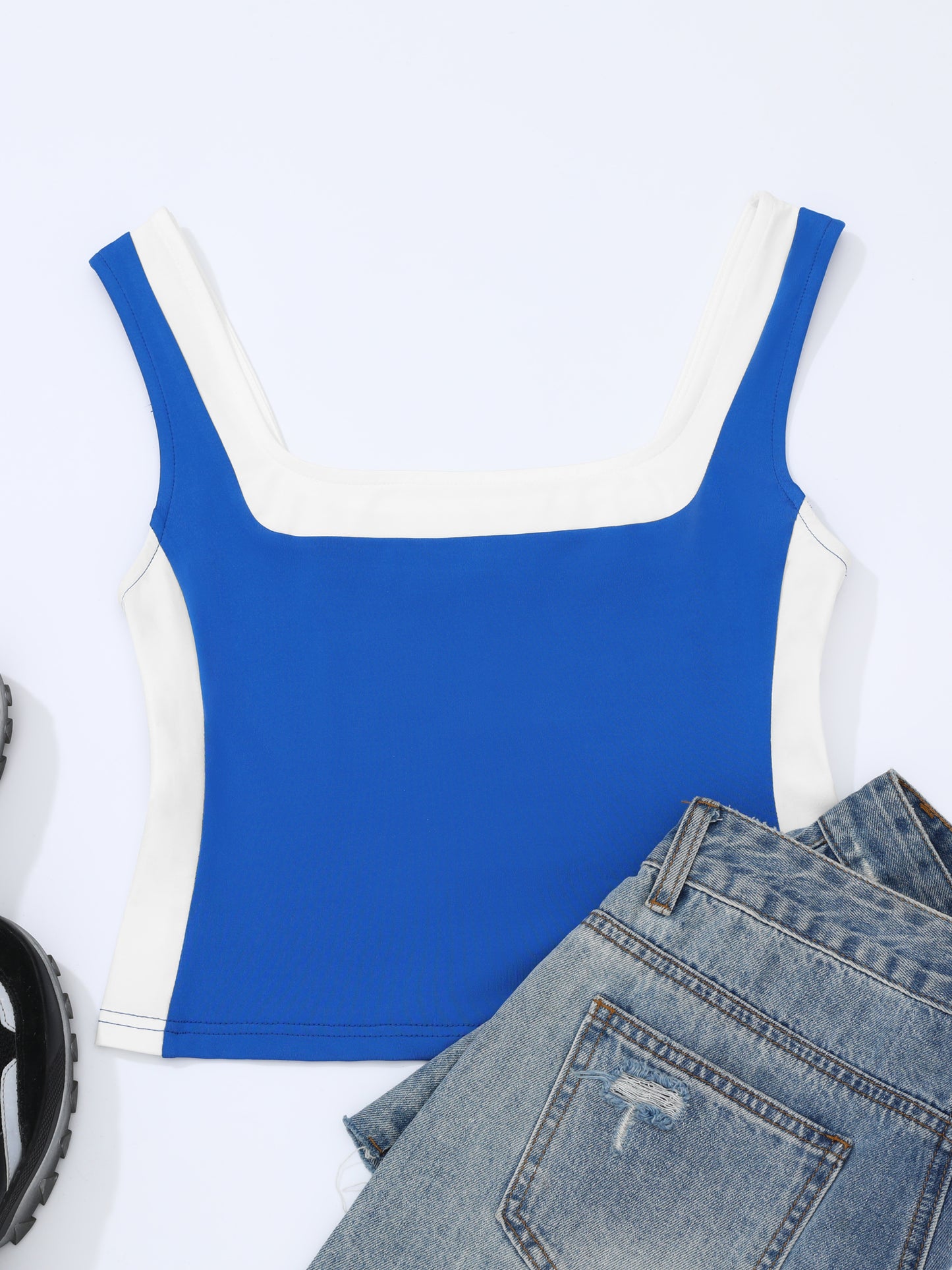 Women's Color Block Square Neck Tank Top Strappy Sleeveless Summer Crop Top