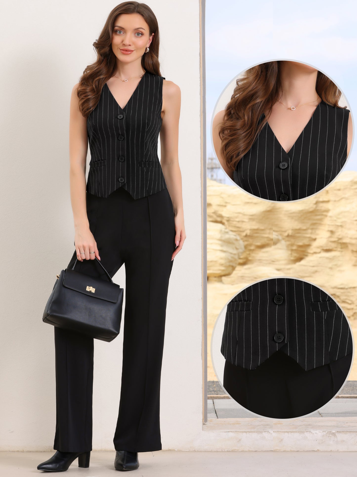Women's V Neck Button Down Dressy Suit Striped Blazer Vest