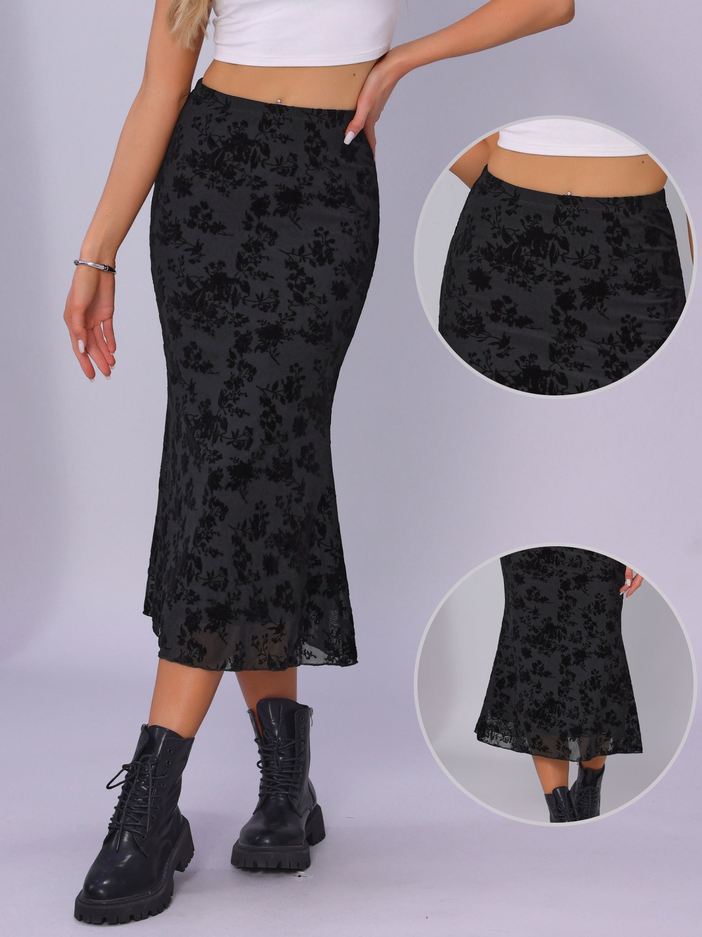 Women's Elastic High Waist Mesh Fishtail Floral Midi Skirt