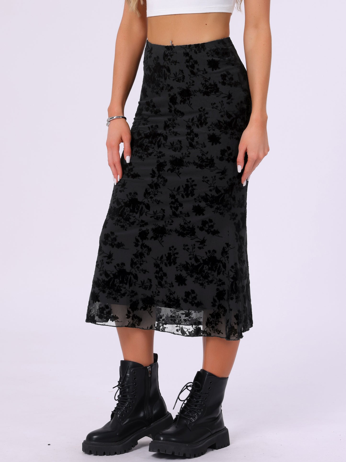Women's Elastic High Waist Mesh Fishtail Floral Midi Skirt