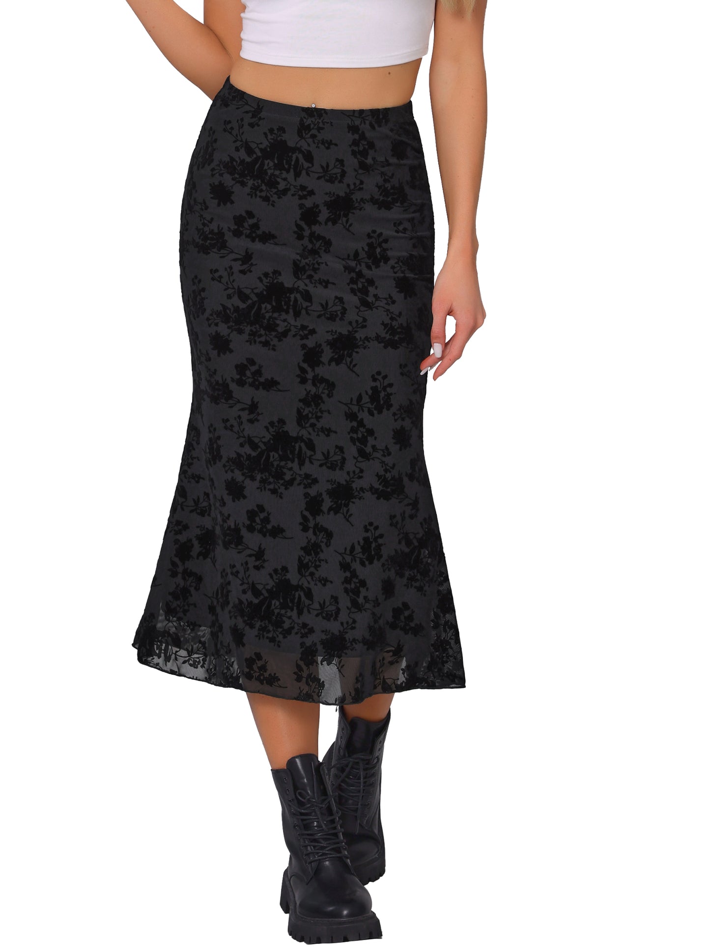 Women's Elastic High Waist Mesh Fishtail Floral Midi Skirt