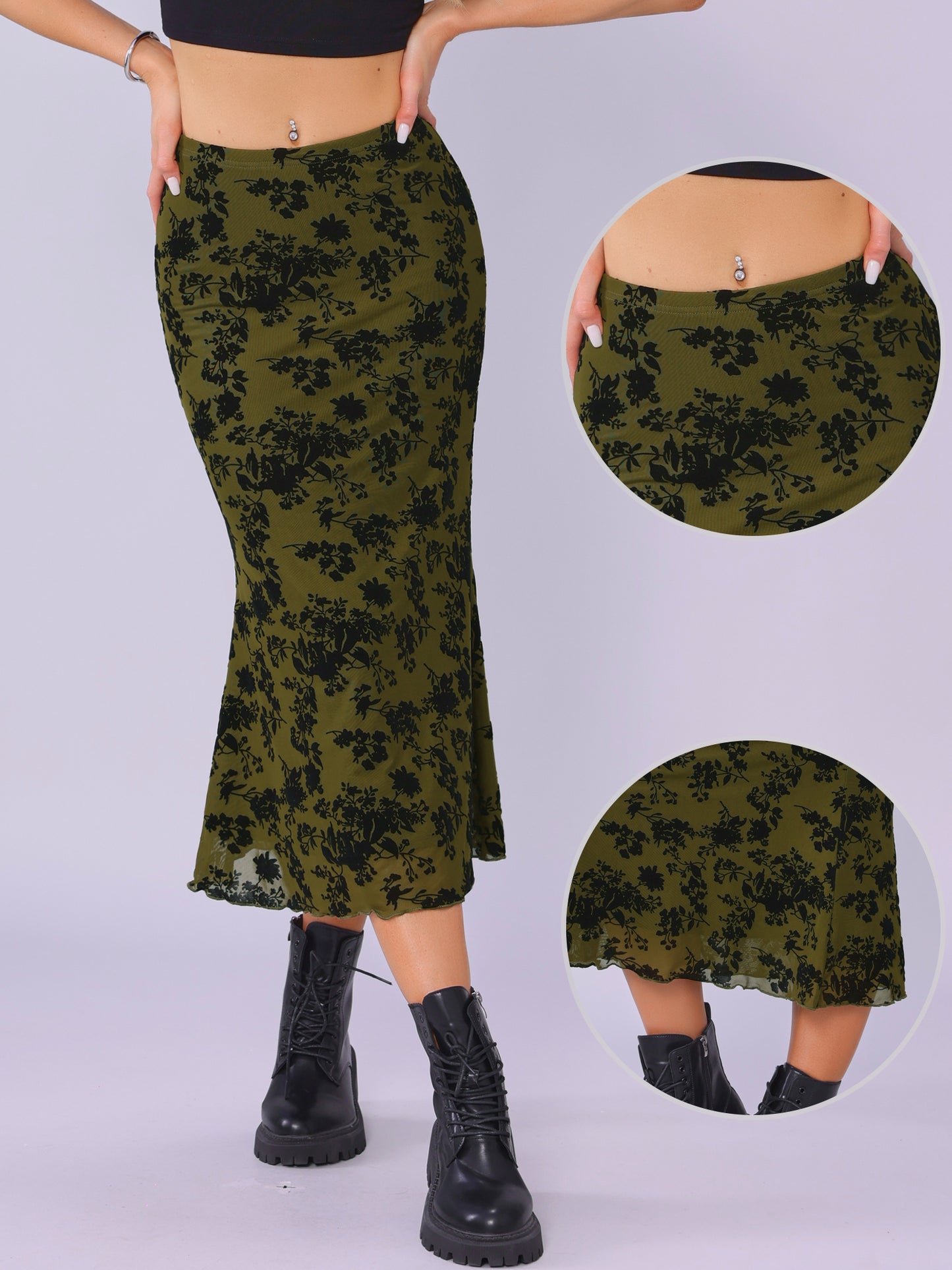Women's Elastic High Waist Mesh Fishtail Floral Midi Skirt