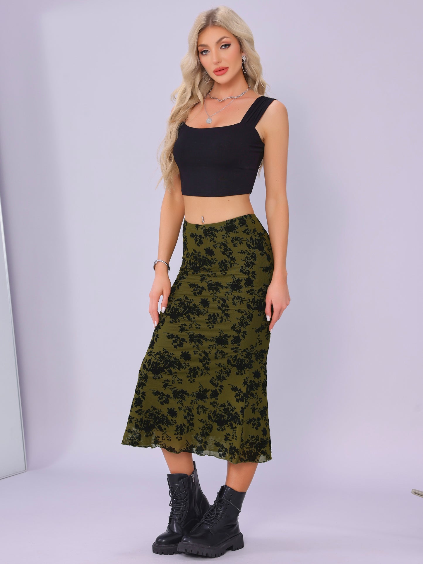 Women's Elastic High Waist Mesh Fishtail Floral Midi Skirt