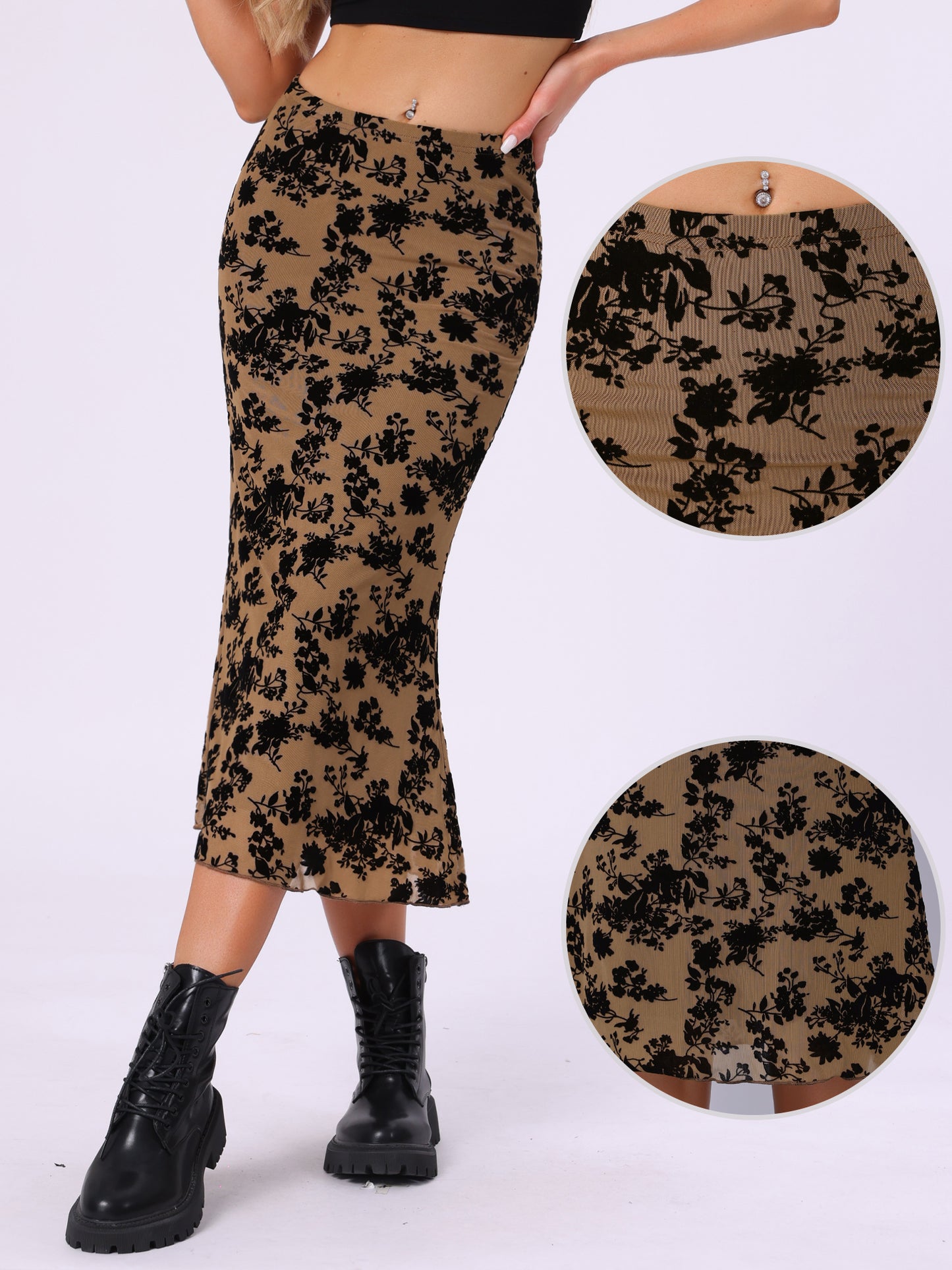 Women's Elastic High Waist Mesh Fishtail Floral Midi Skirt