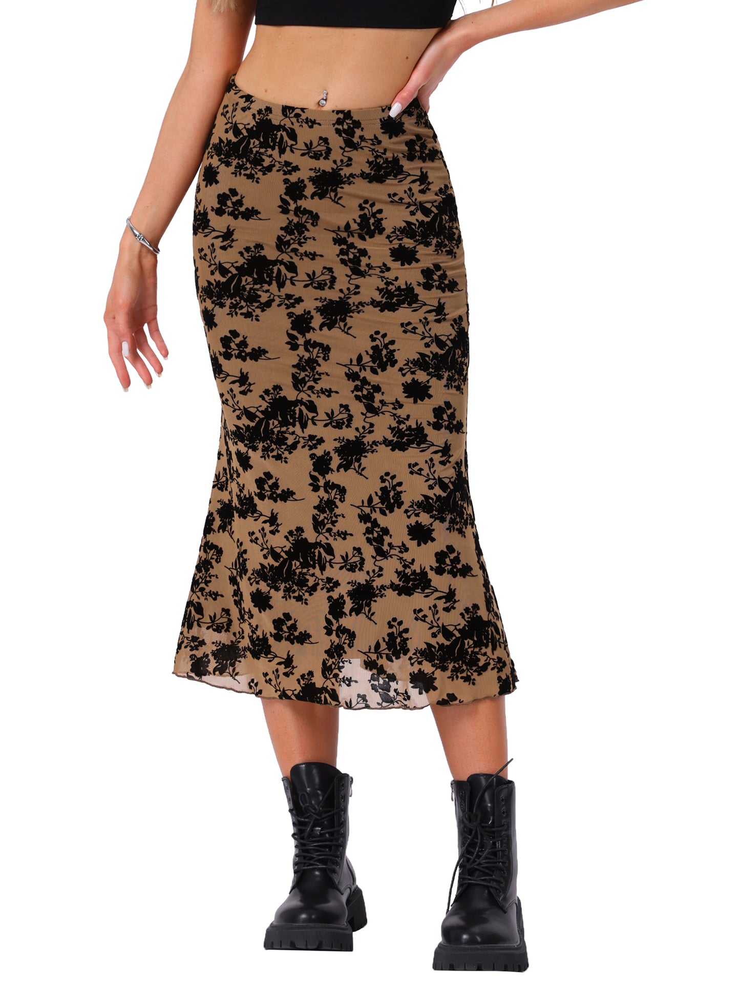 Women's Elastic High Waist Mesh Fishtail Floral Midi Skirt