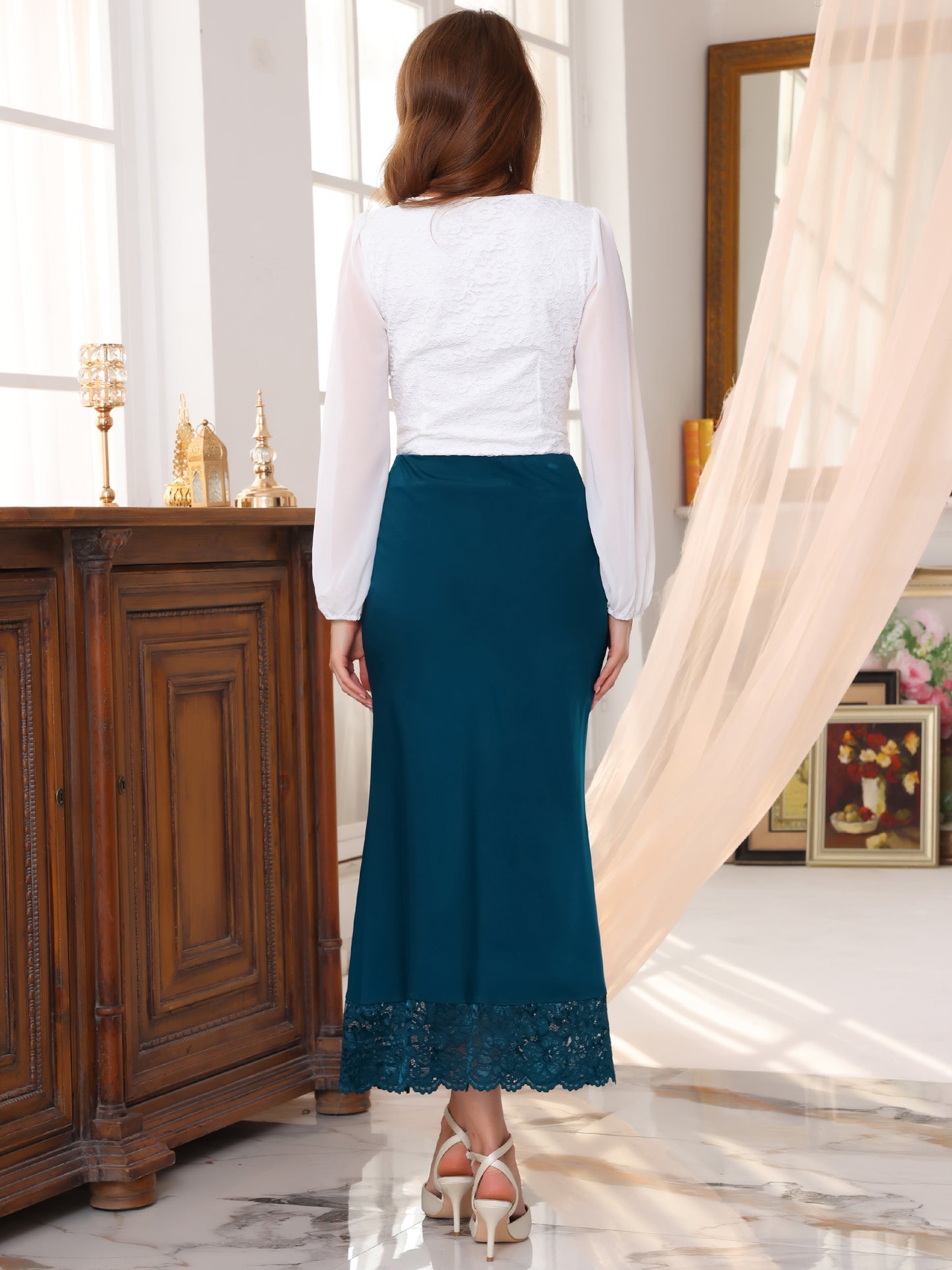 Women's Satin Skirt Formal Lace Trim High Waist Cocktail Evening Bodycon Long Maxi Skirt