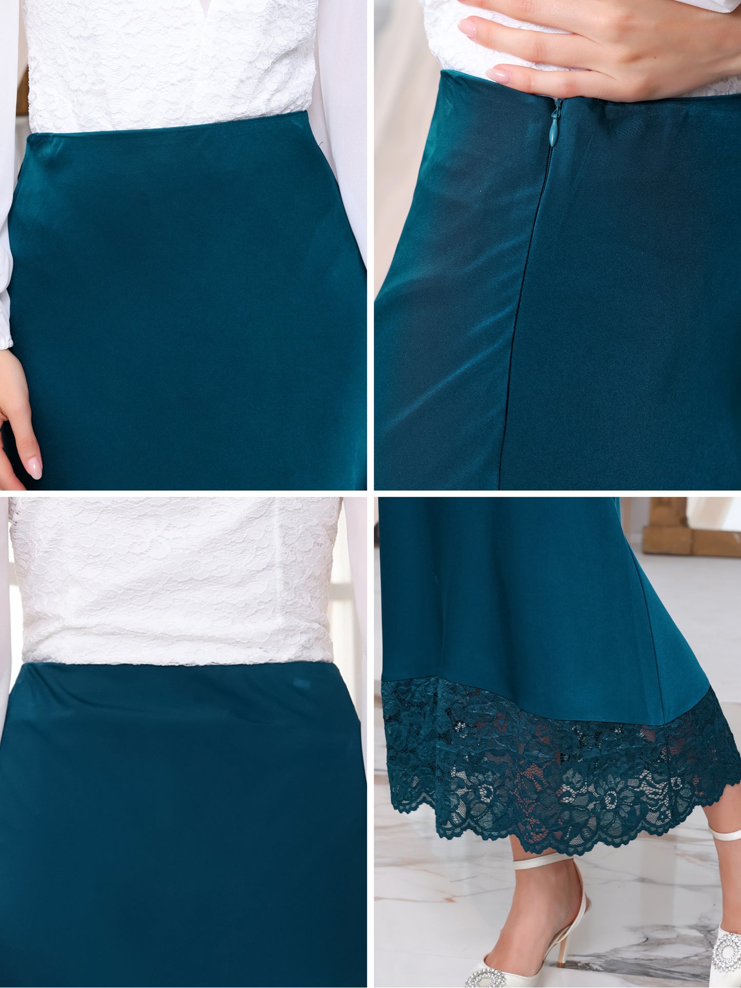 Women's Satin Skirt Formal Lace Trim High Waist Cocktail Evening Bodycon Long Maxi Skirt