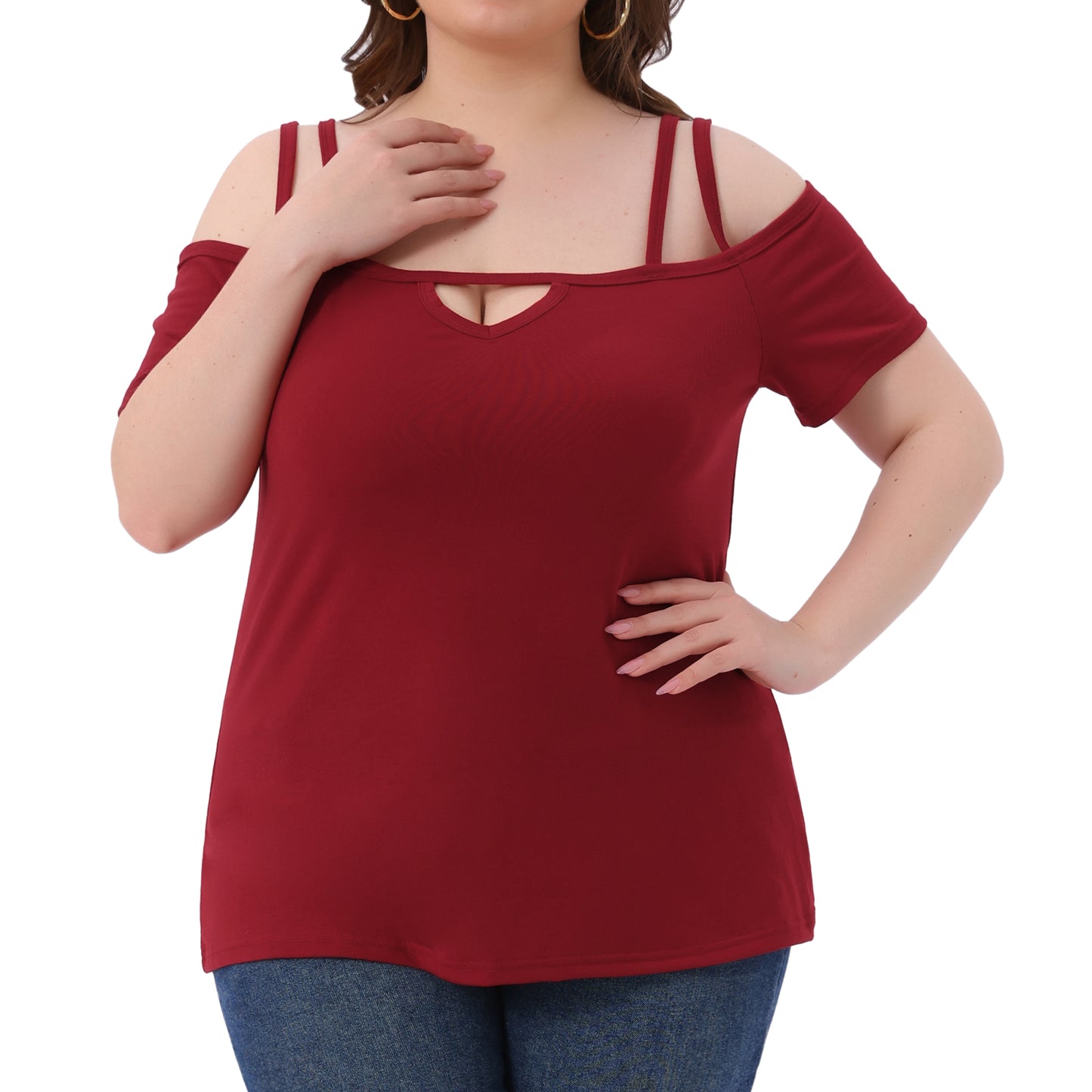 Women Plus Size Top Cold Shoulder Sexy Cut Out Short Sleeve Criss Cross Summer Casual Top