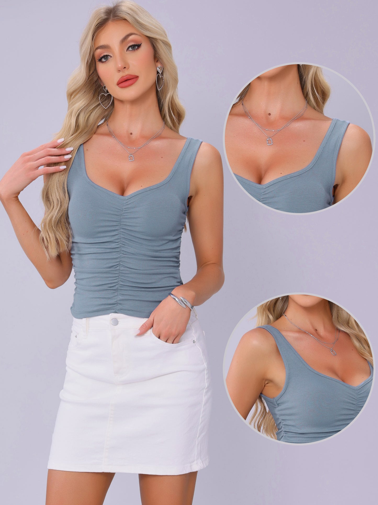 Women's Summer Tank Top Sleeveless Knit Ruched V Neck Slim Fit Crop Top