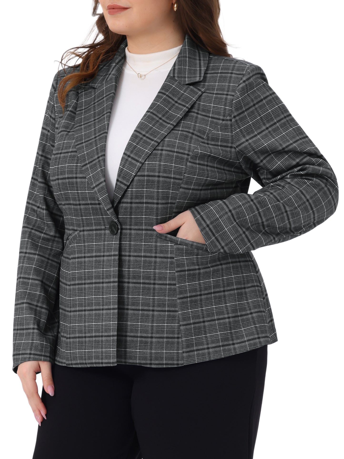 Women Plus Size Blazers Business Casual Plaid Notched Lapel Long Sleeve Button Jacket with Pockets